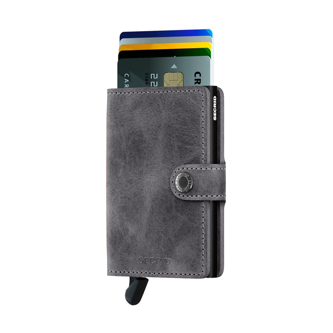Secrid Miniwallet Vintage│art. MV-GREY-BLACK│pasjeshouder en portemonnee│voorkant met uitgeschoven pasjes en clip