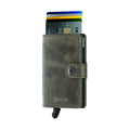 Secrid Miniwallet Vintage│Pasjeshouder en Portemonnee│art. MV-OLIVE-BLACK│voorkant met uitgeschoven pasjesen clip