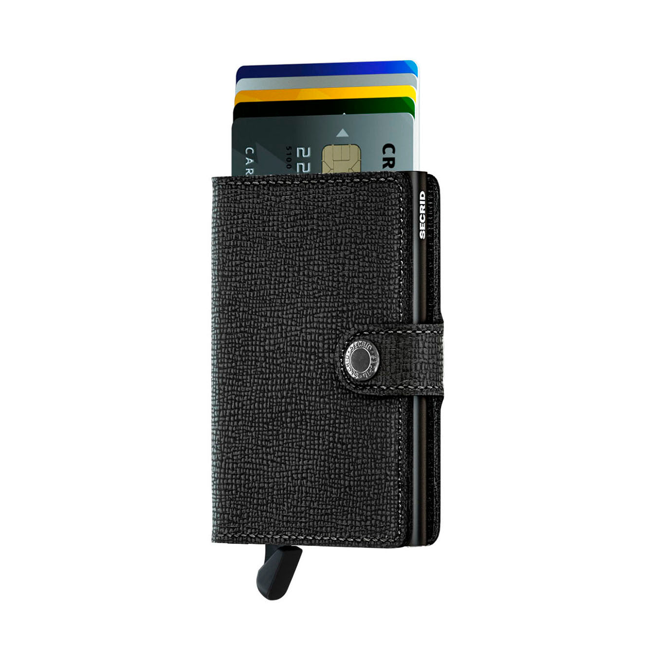 Secrid Miniwallet Crisple│art. MC-BLACK│Pasjeshouder│voorkant met uitgeschoven pasjes en clip