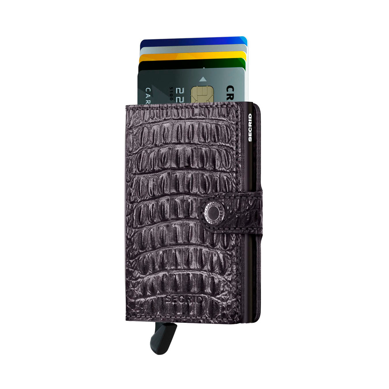 Secrid Miniwallet Nile│art. MN-BLACK│Pasjeshouder│voorkant met uitgeschoven pasjes en clip
