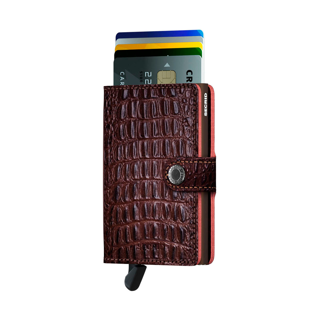 Secrid Miniwallet Nile│art. MN-BROWN│Pasjeshouder│voorkant met uitgeschoven pasjes en clip