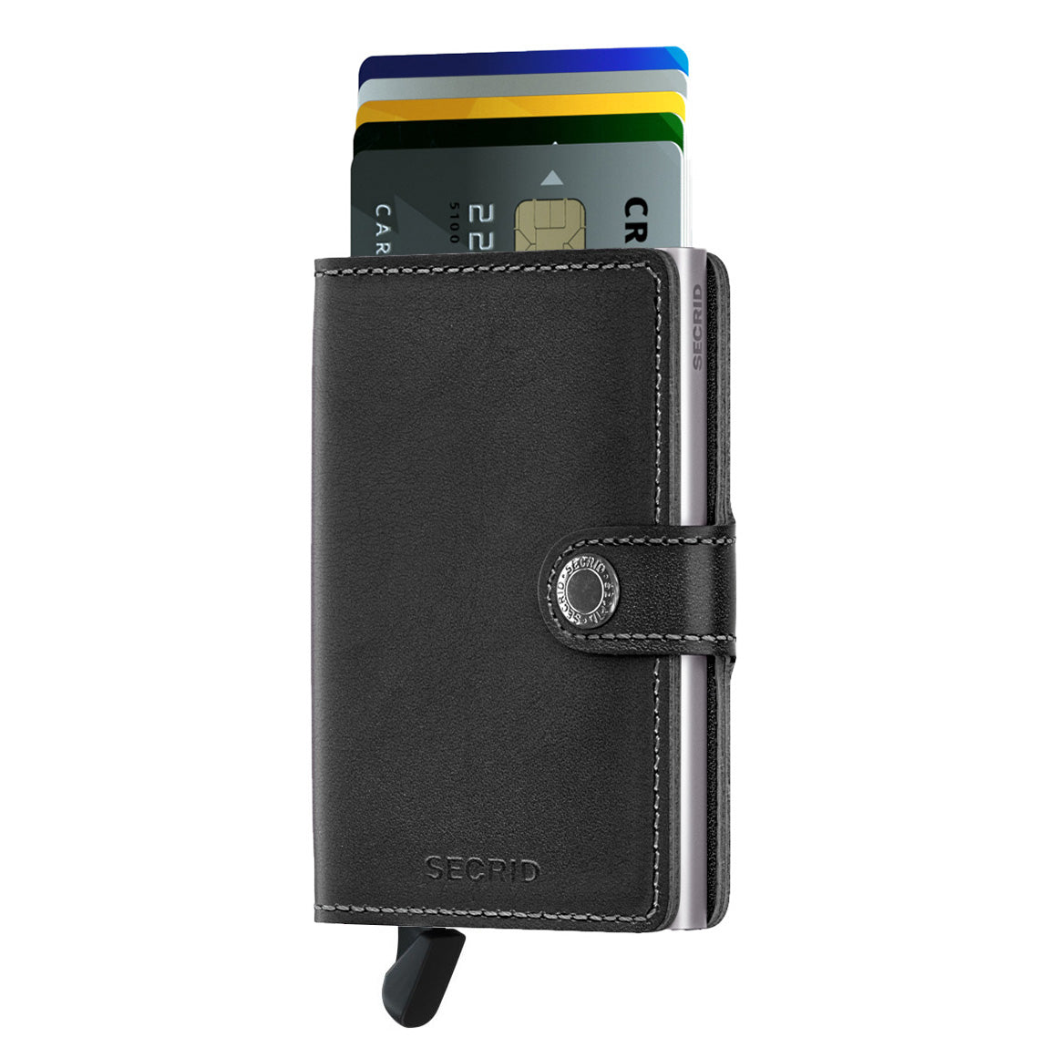 Secrid Miniwallet Original Zwart│Pasjeshouder│art. M-BLACK│voorkant met uitgeschoven pasjes en clip