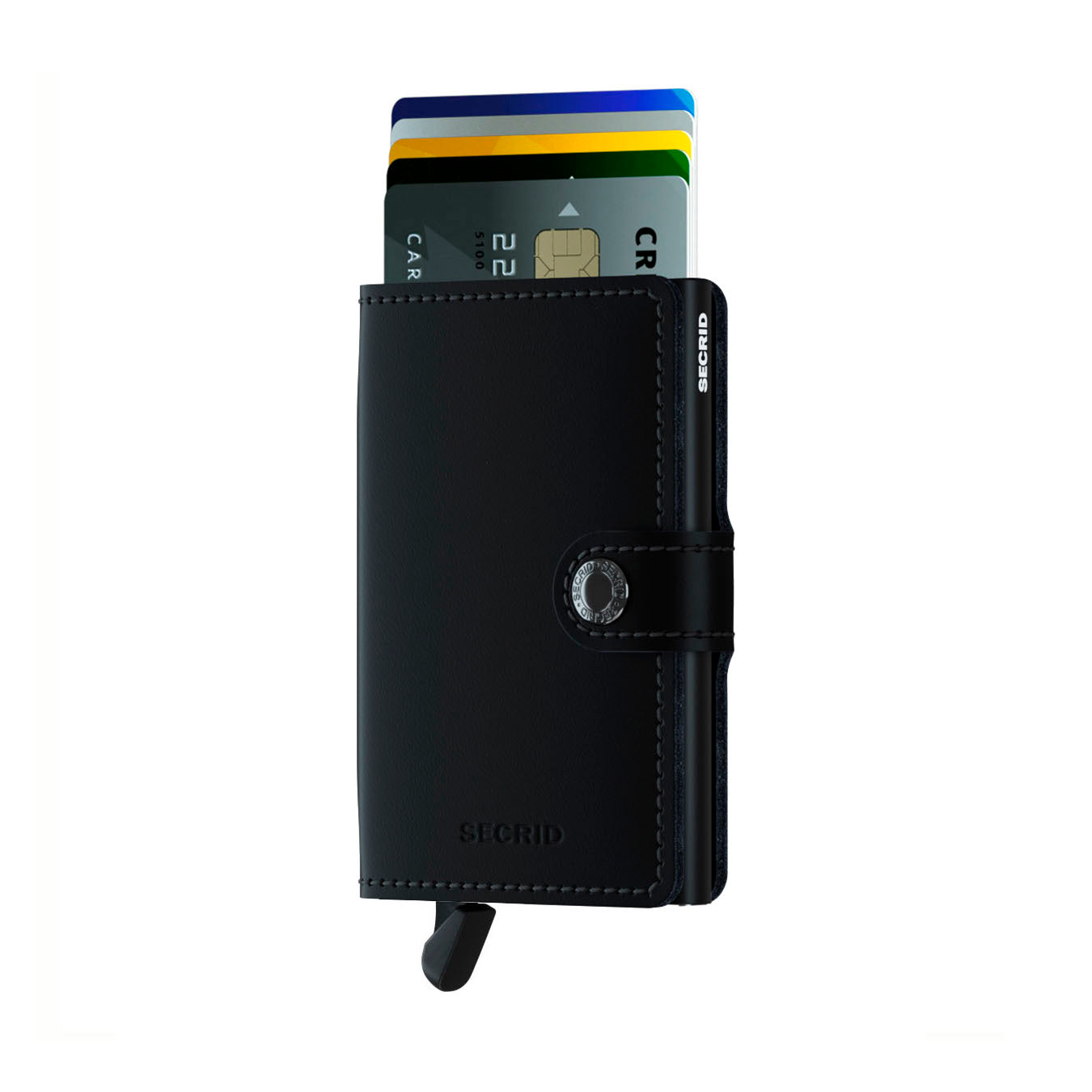 Secrid Miniwallet Matte Zwart│Pasjeshouder en Portemonnee│art. MM-BLACK│voorkant met uitgeschoven pasjes en clip