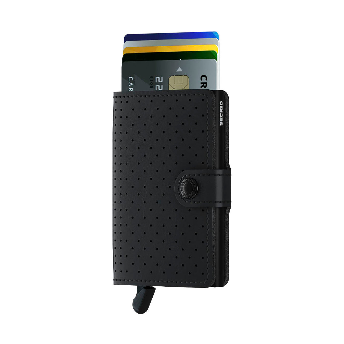 Secrid Miniwallet Perforated│pasjeshouder│art. MPF-BLACK│voorkant met uitgeschoven pasjes en clip