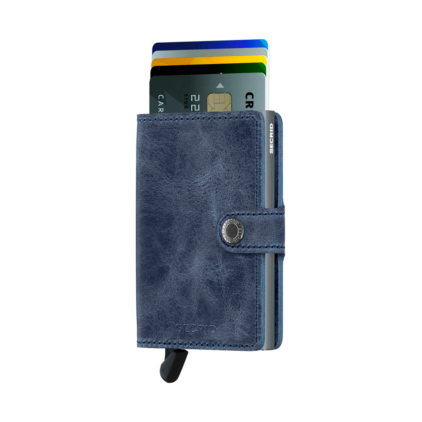 Secrid Miniwallet Vintage Blauw│Pasjeshouder en Portemonnee│art. MV-BLUE│voorkant met uitgeschoven pasjes en clip