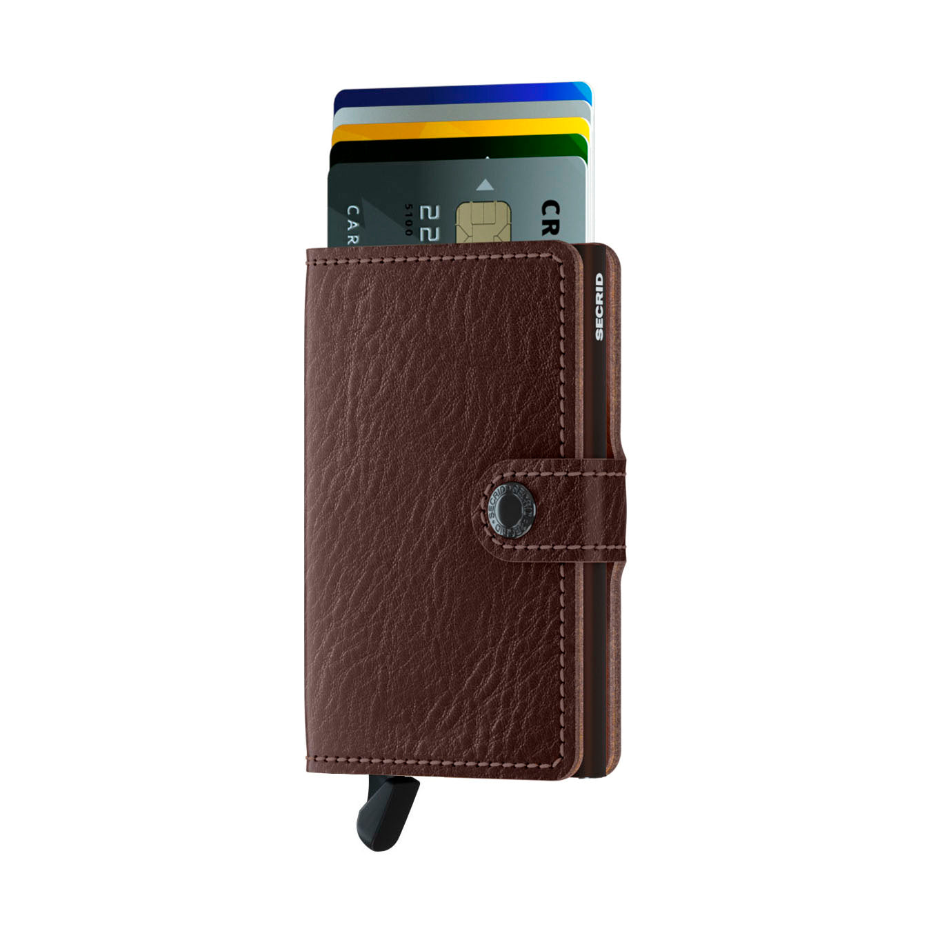 Secrid Miniwallet Veg│art. MVG-ESPRESSO-BROWN││Pasjeshouder│voorkant met uitgeschoven pasjes en clip