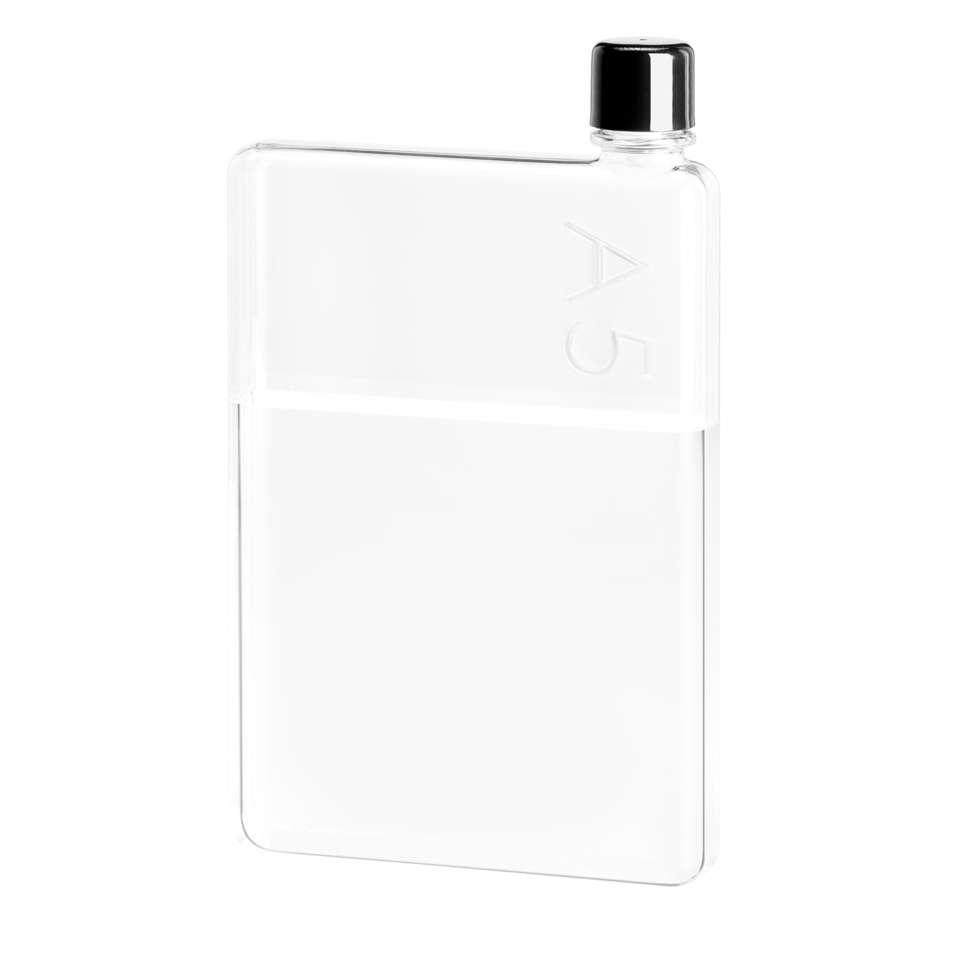 Memobottle A5│Platte Waterfles 750 ml│foto voorkant schuin, half gevuld met water
