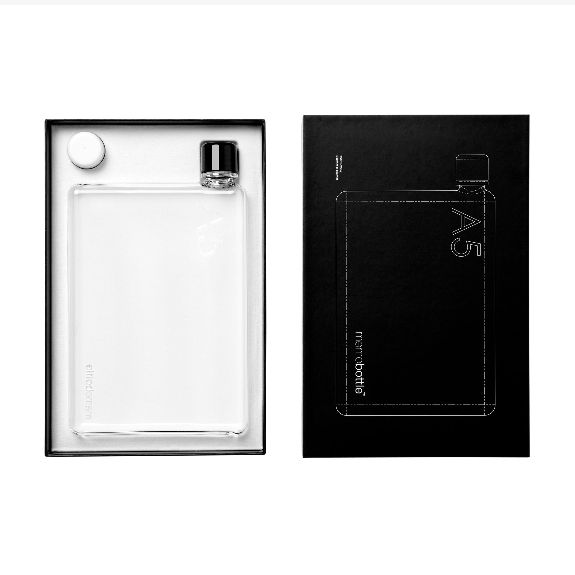 Memobottle A5│Platte Waterfles 750 ml│foto in verpakking geopend