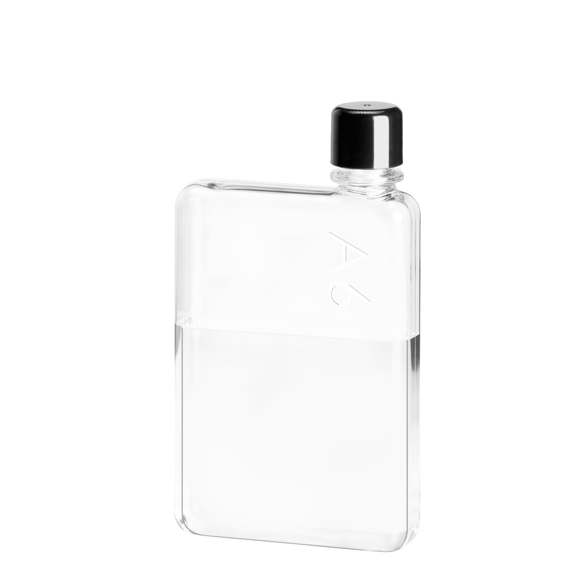 Memobottle A6│Platte Waterfles 375 ml│foto voorkant schuin, half gevuld met water