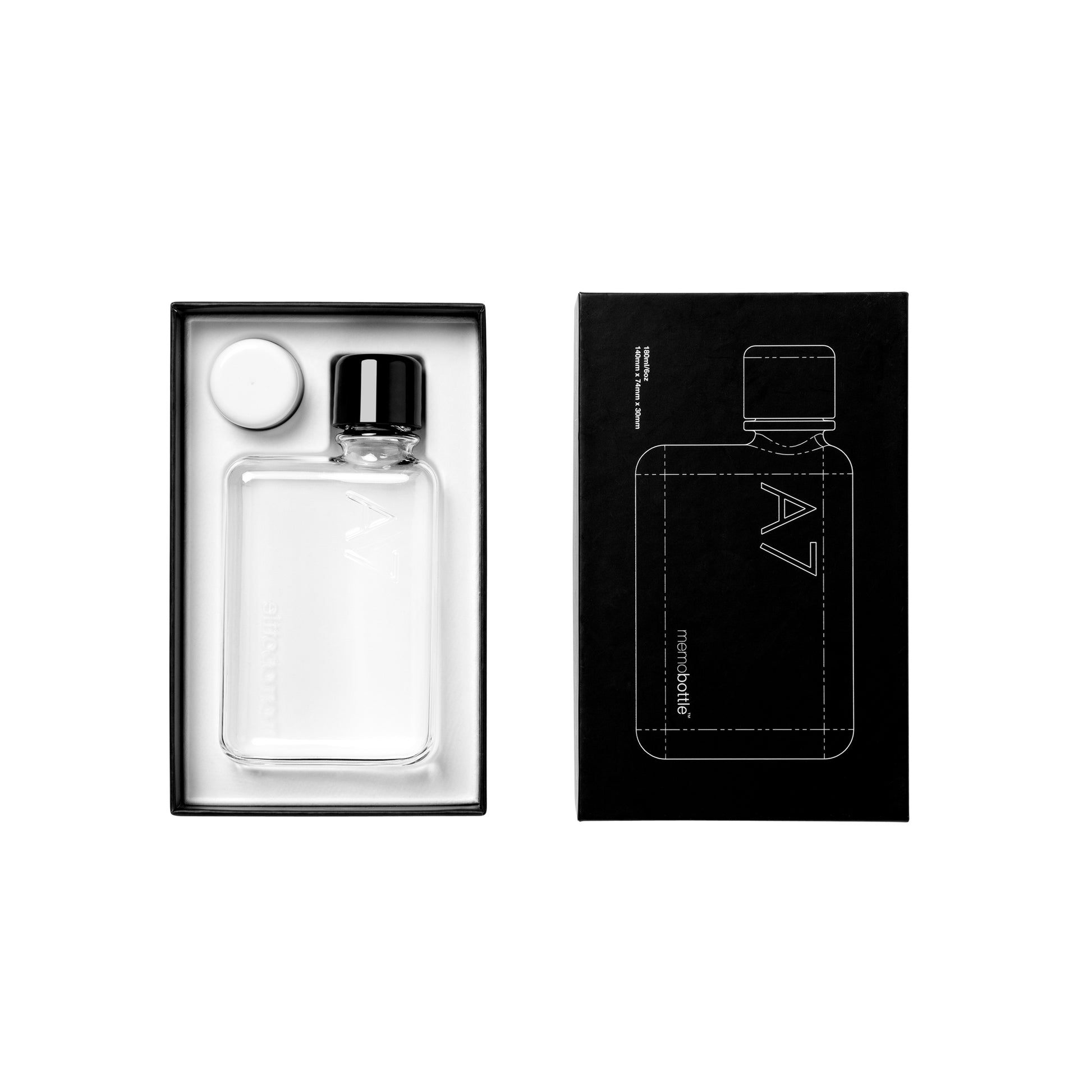 Memobottle A7│Platte Waterfles 180ml│art. M005R│in verpakking geopend