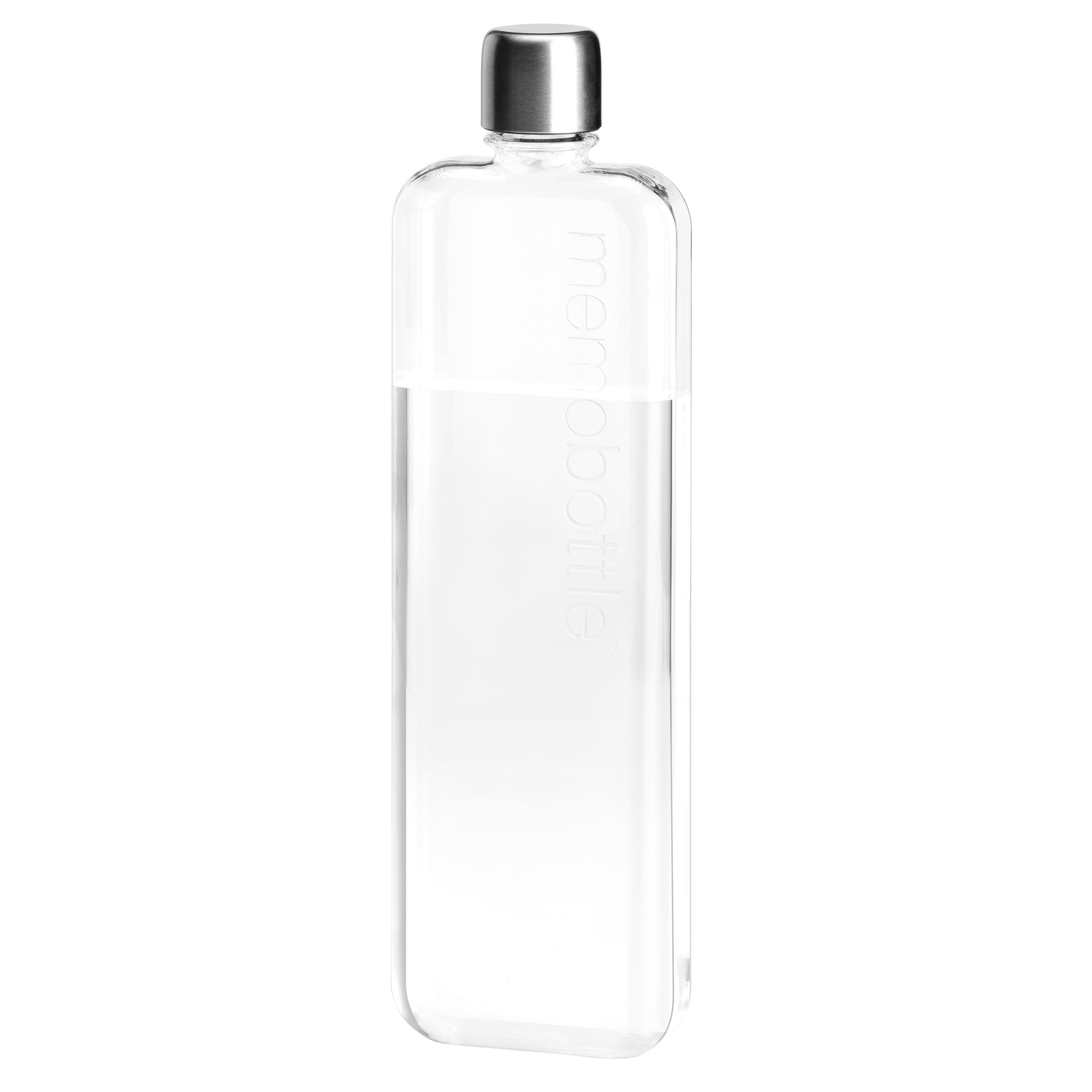 Memobottle Slim│Platte Waterfles 450ml│foto voorkant schuin met rvs dop