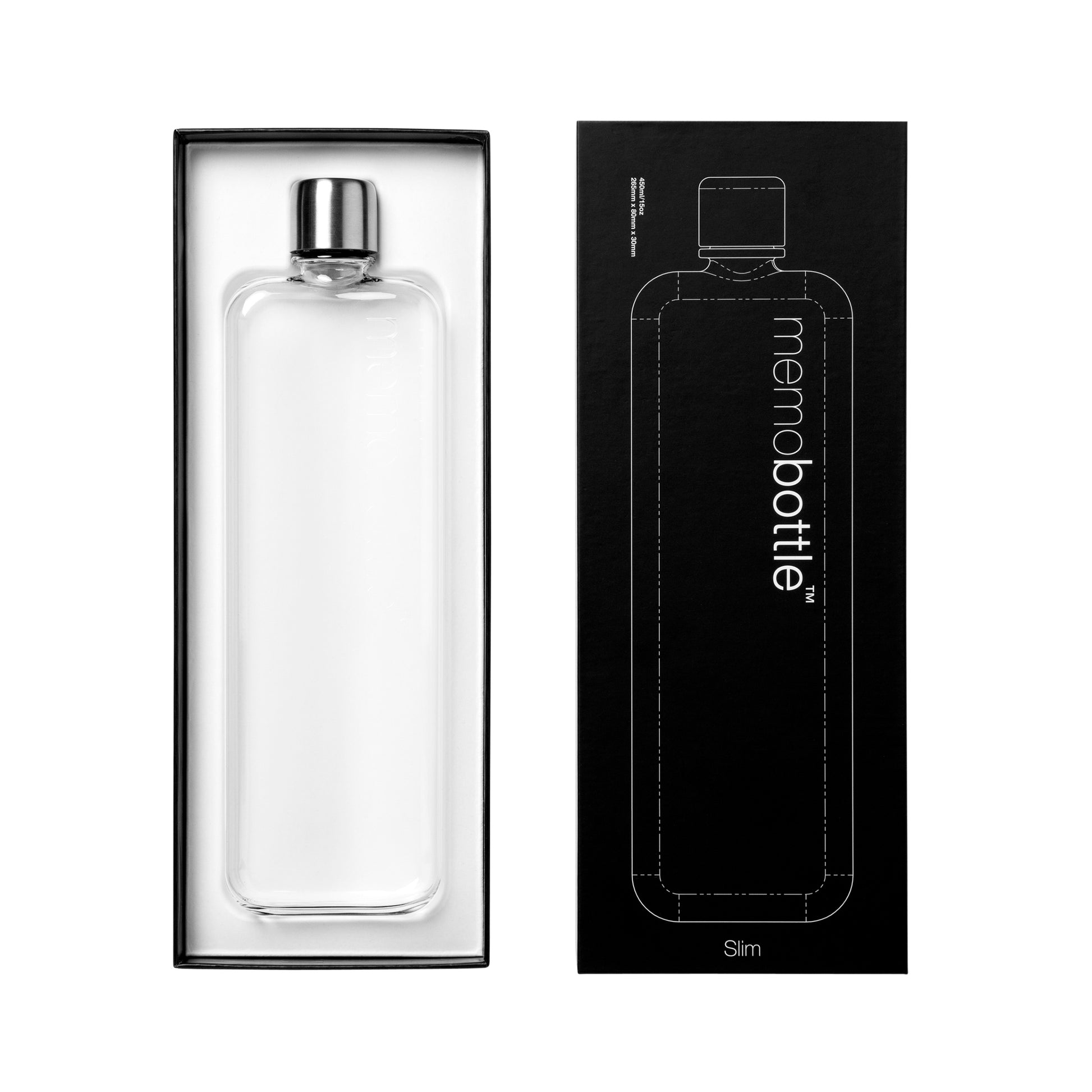 Memobottle Slim│Platte Waterfles 450ml│foto verpakking geopend