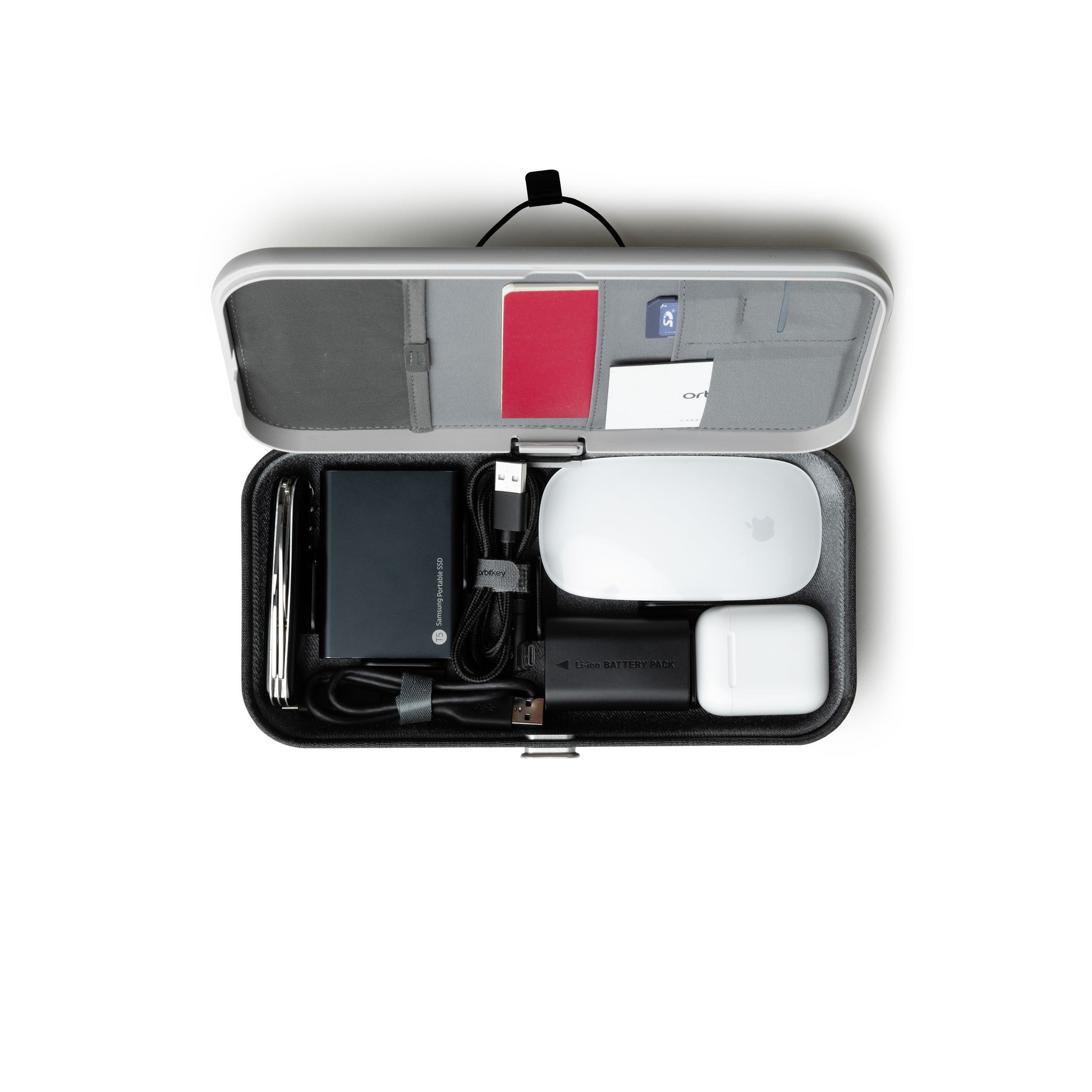 Orbitkey Nest Portable Organizer│Ash Grey│foto bovenkant open met accessoires
