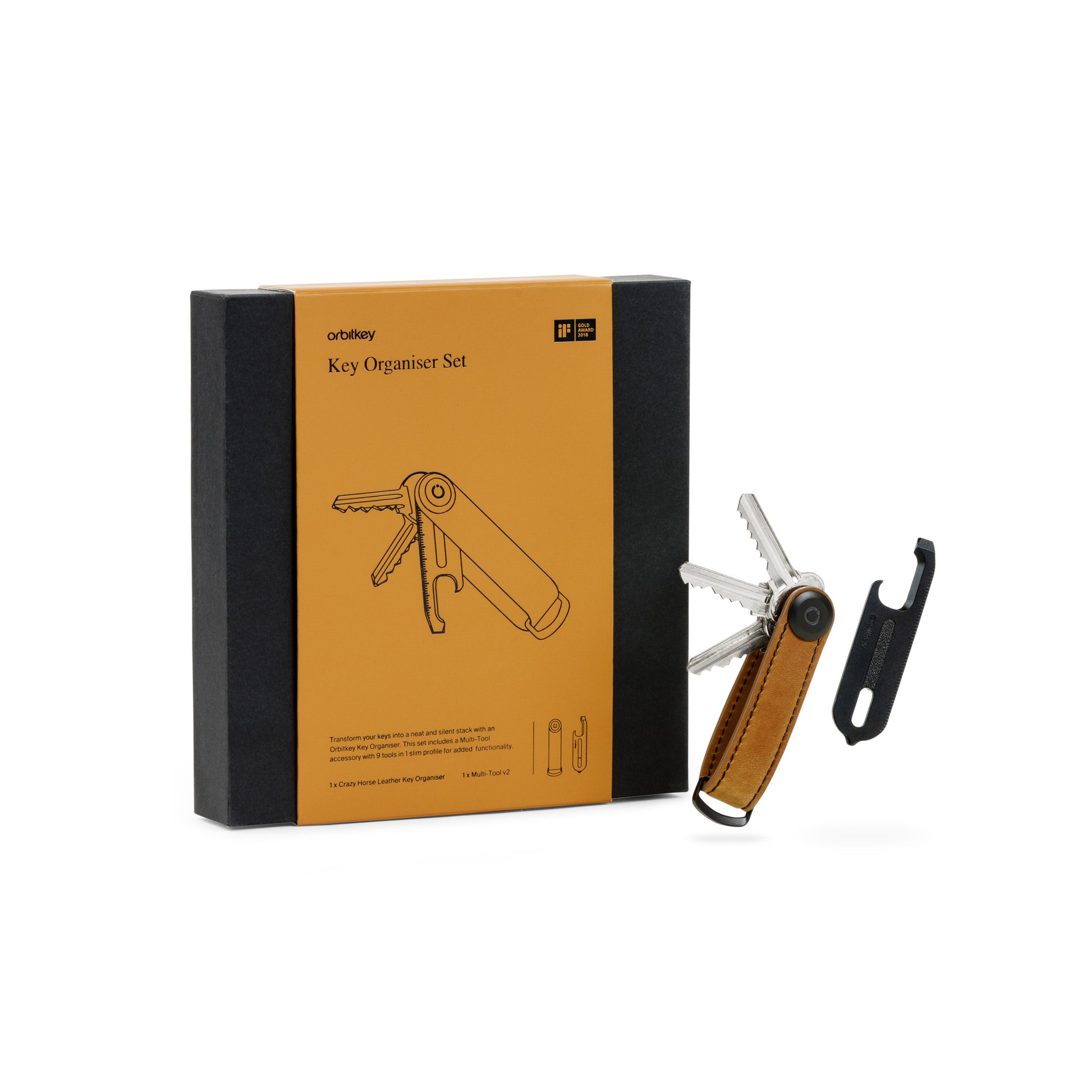 Orbitkey Gift Set│Key Organiser Chestnut Brown│Multitool Zwart│art. KCHB-CBB-201│onderdelen naast verpakking