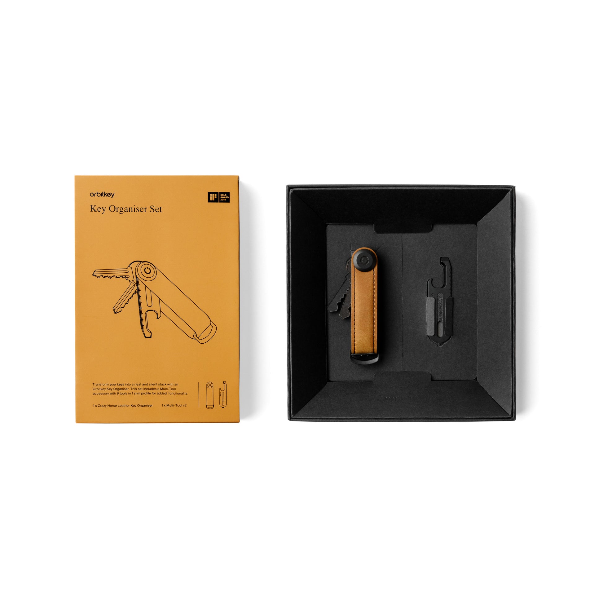 Orbitkey Gift Set│Key Organiser Chestnut Brown│Multitool Zwart│art. KCHB-CBB-201│open verpakking naast elkaar
