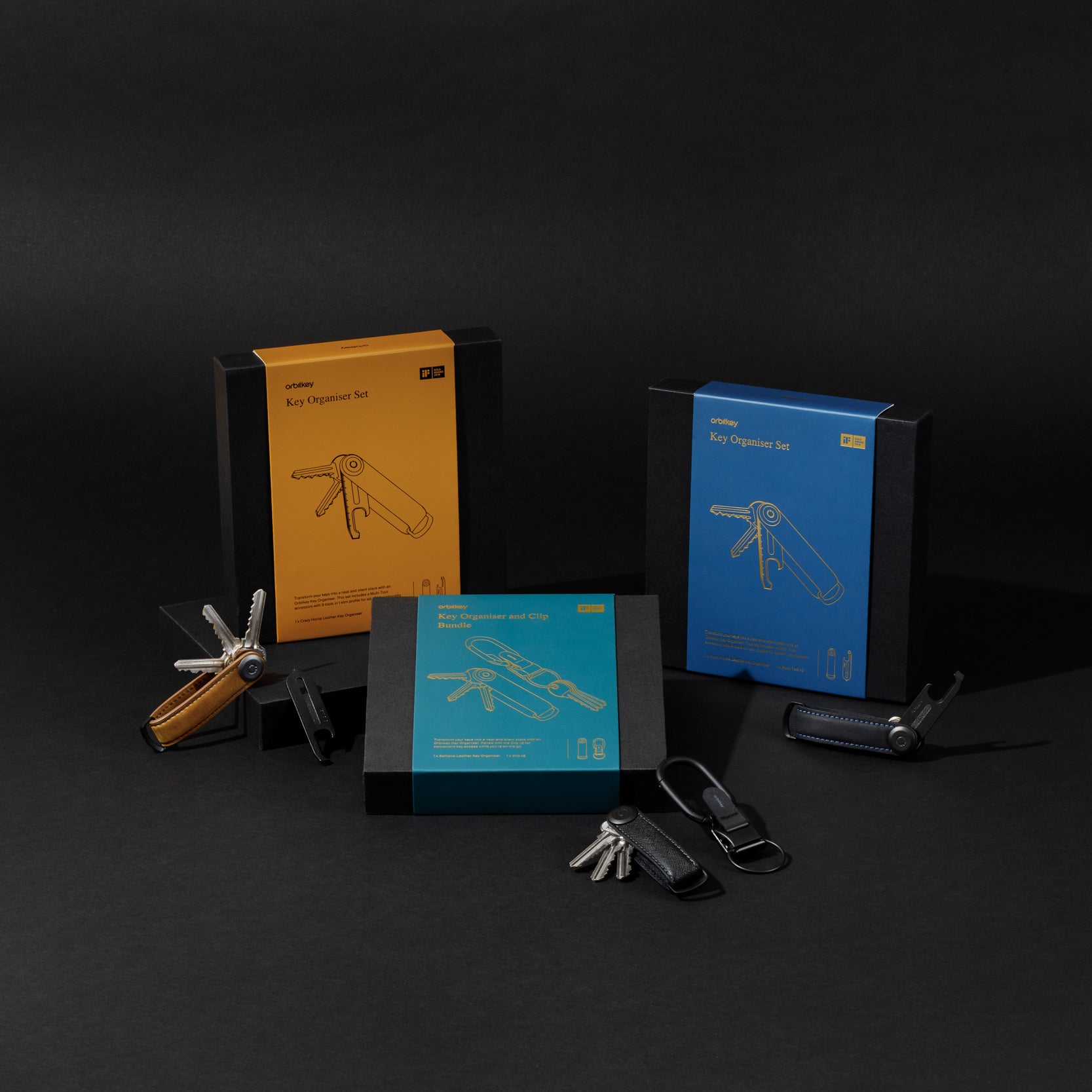 Orbitkey Gift Set│Key Organiser Chestnut Brown│Multitool Zwart│art. KCHB-CBB-201│diverse Gift-Sets zwarte achtergrond