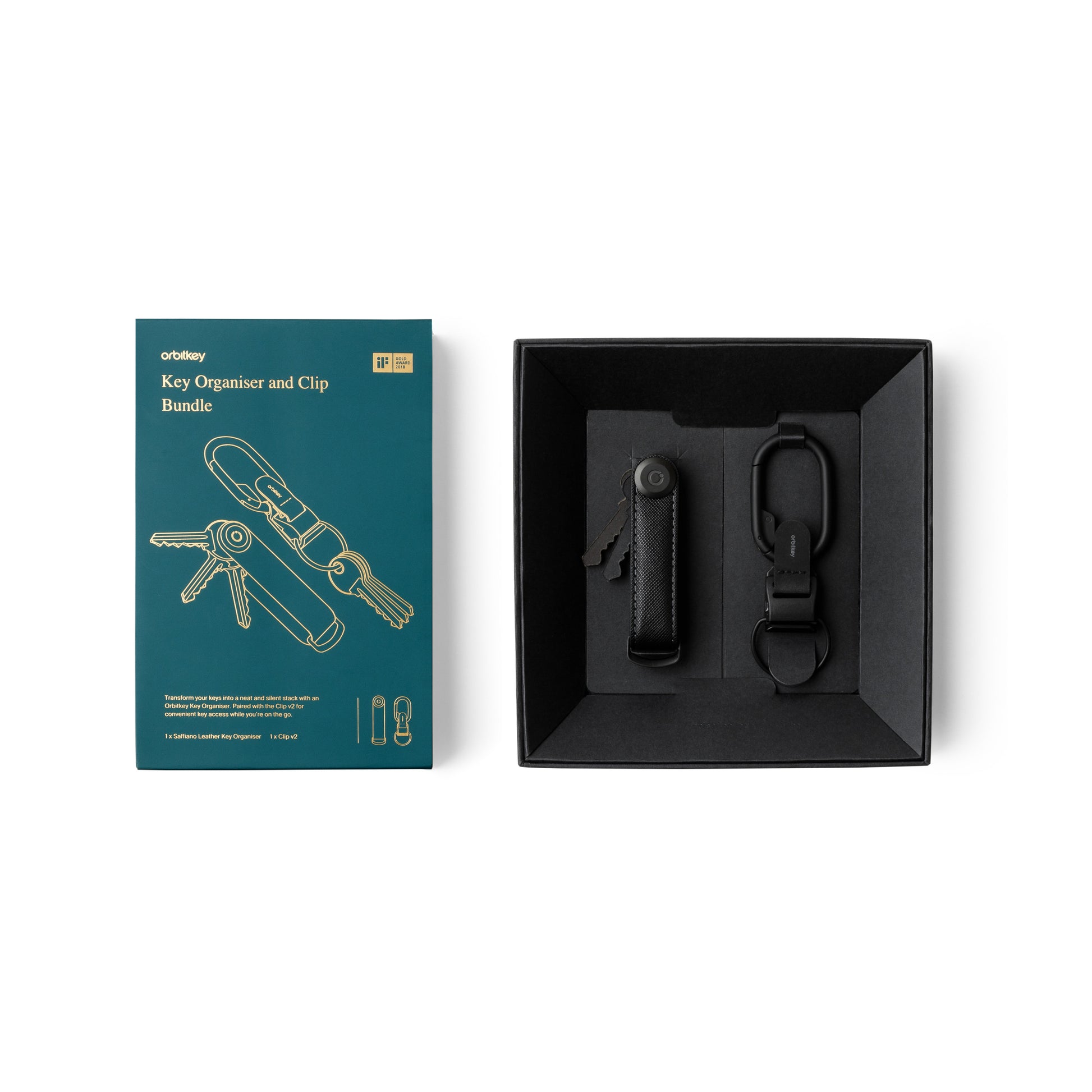 Orbitkey Gift Set│Key Organiseer Saffiano Black+Clip Black│art. KSFB-BBB-203│verpakking met witte achtergrond