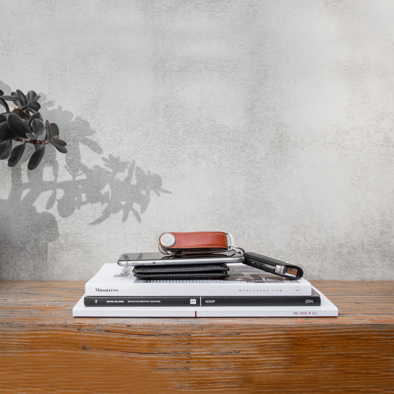 Key Organizer Orbitkey│Premium Leather Cognac Tan│art. LTHO-2-CGTN│sleutelhanger leer op boeken en telefoon