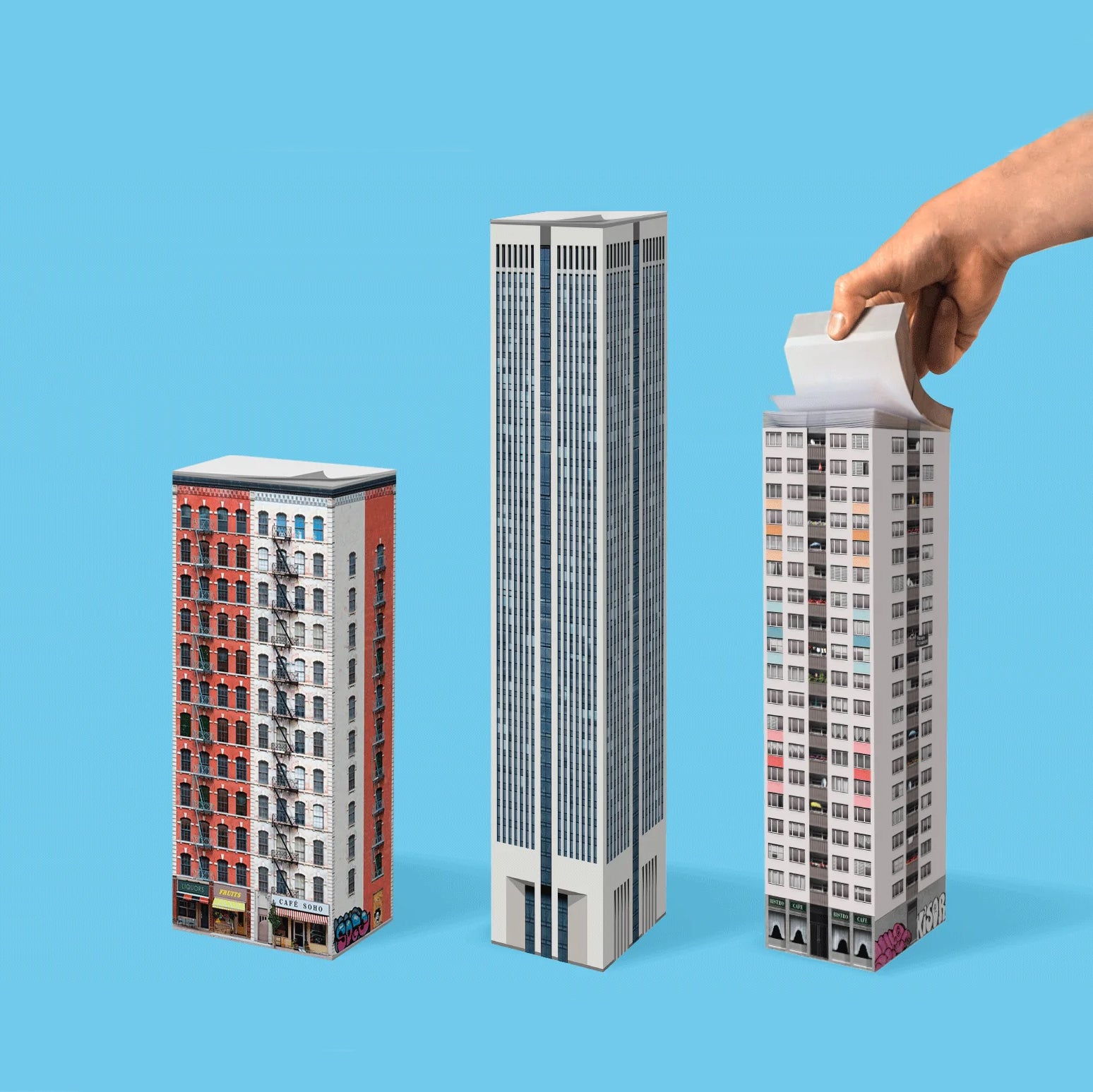 Memoblok Paperscraper Plattenbau Berlin│Notitieblok hoog gebouw│groep blauwe achtergrond