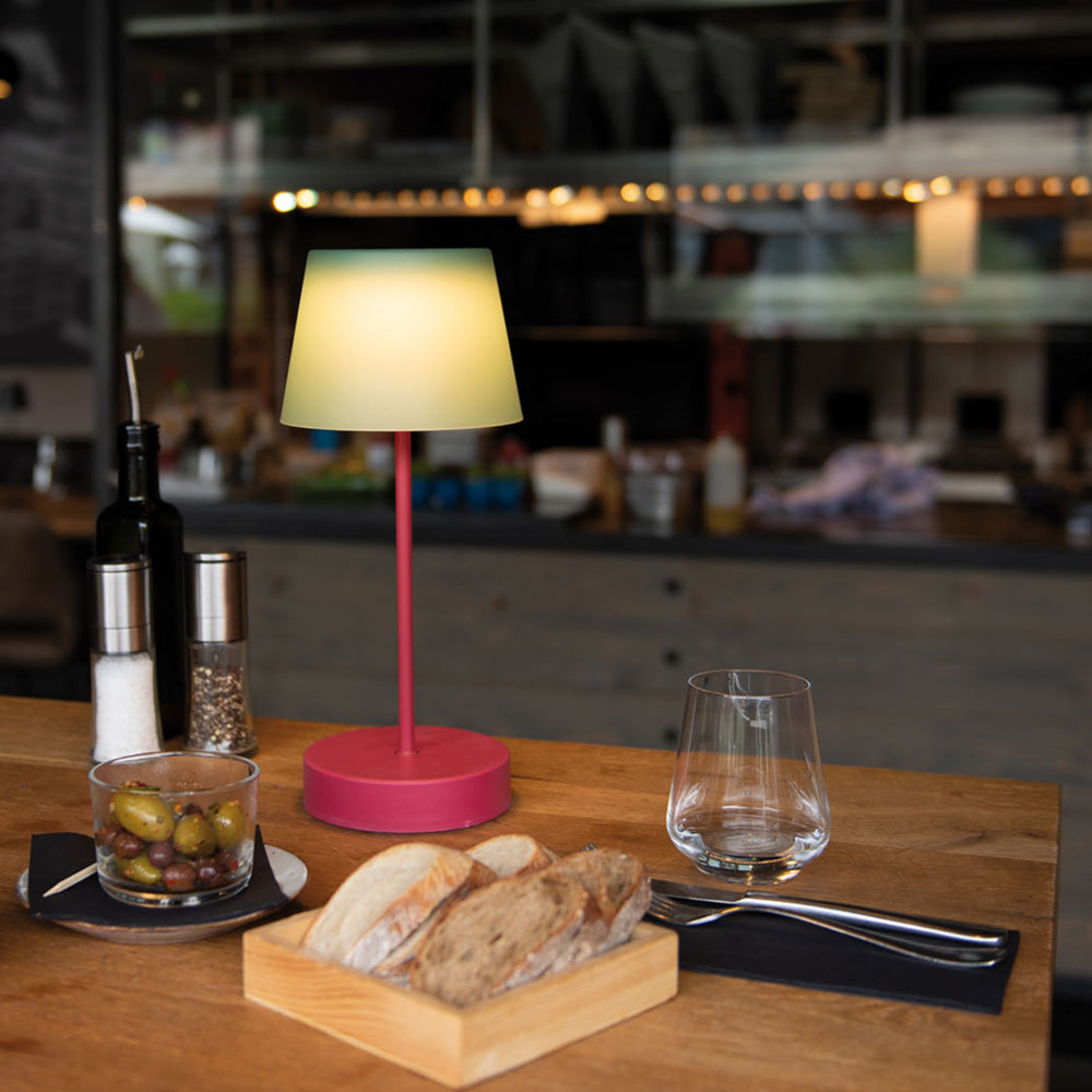 Oscar Oplaadbare Tafellamp Cozy│Remember│Buitenverlichting│art. LT 02│op tafel naast borralhapjes met verlichting aan