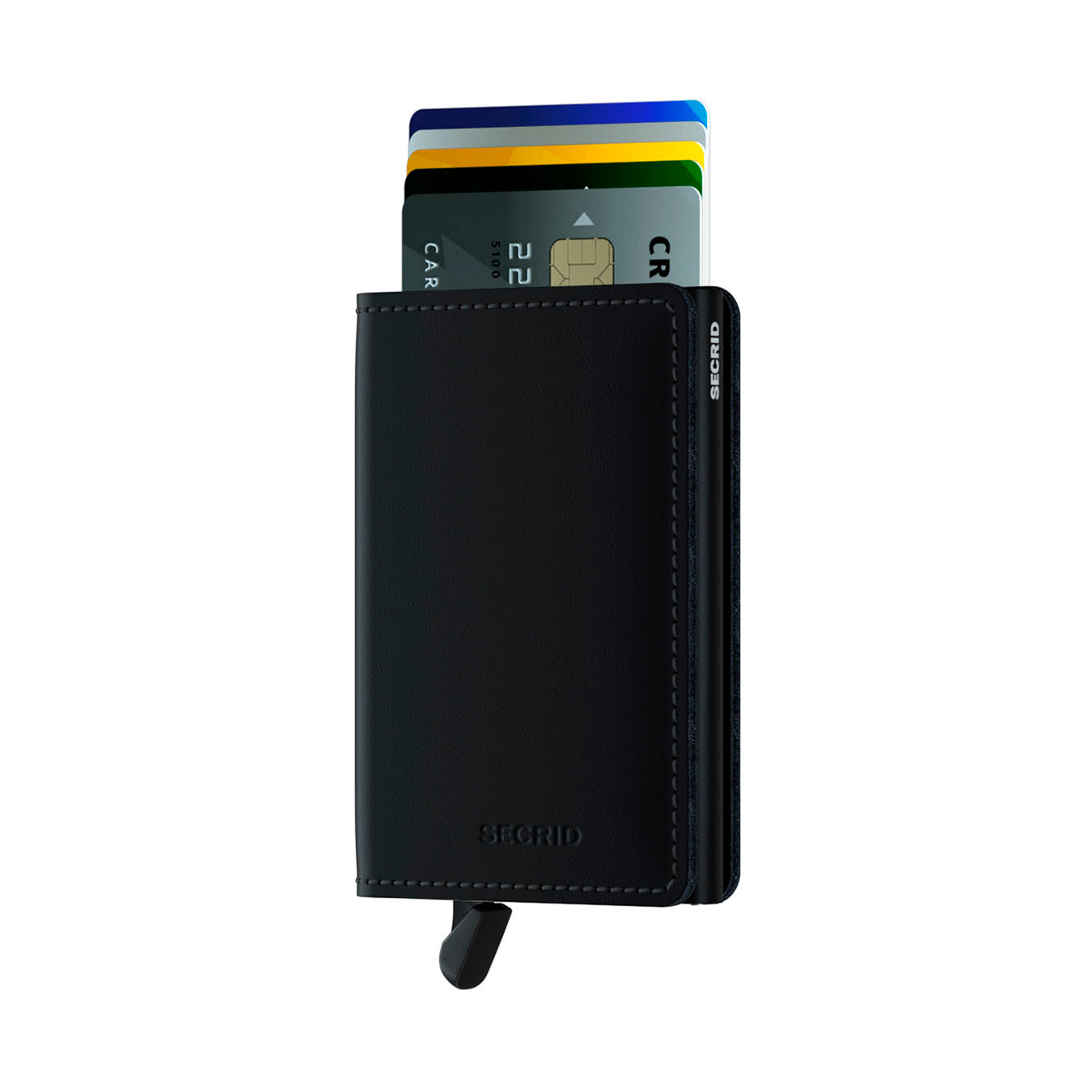 Secrid Slimwallet Matte│art. SM-BLACK│pasjeshouder│voorkant met uitgeschoven pasjes en clip