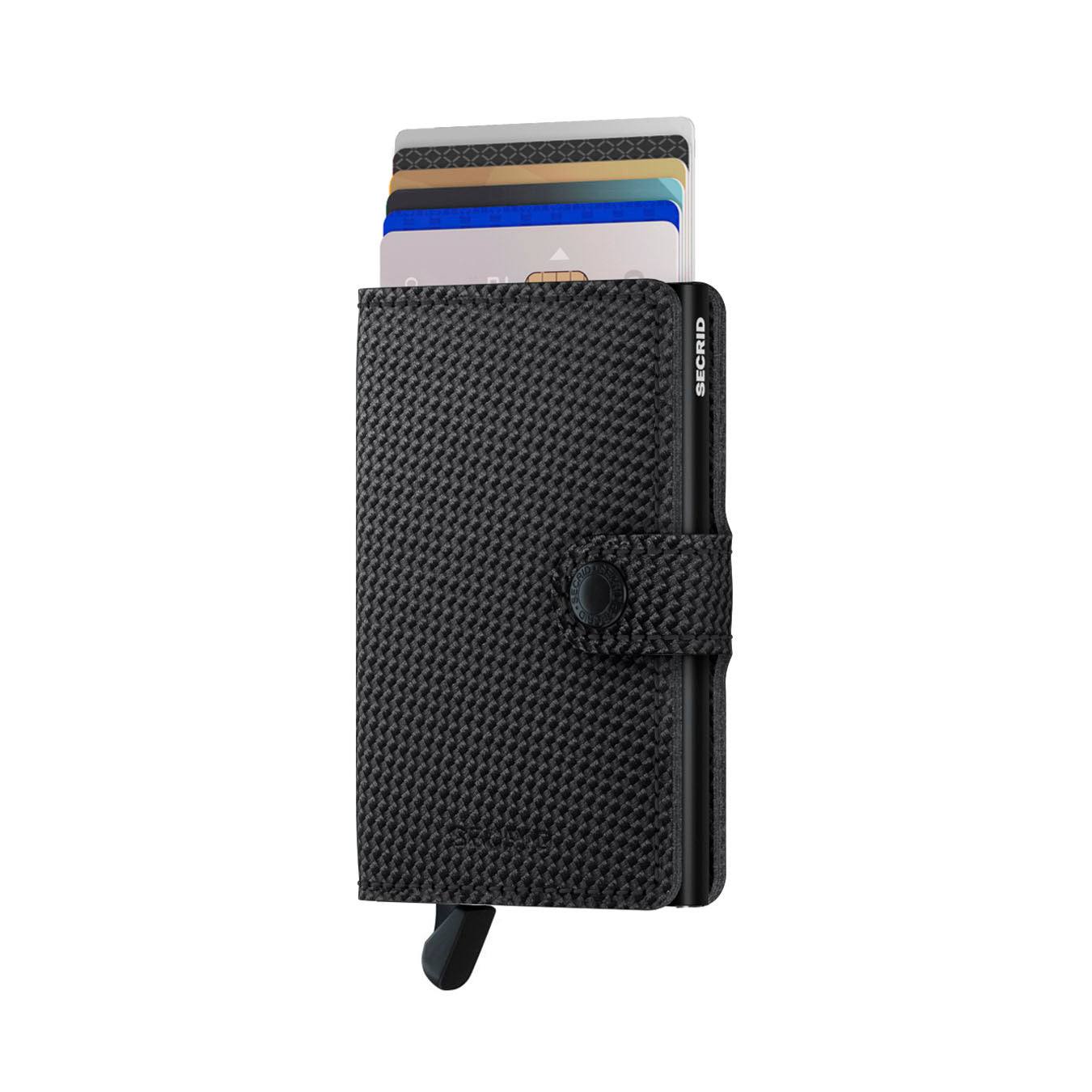 Secrid Miniwallet Carbon│Pasjeshouder│art. MCa-BLACK│voorkant met uitgeschoven pasjes en clip