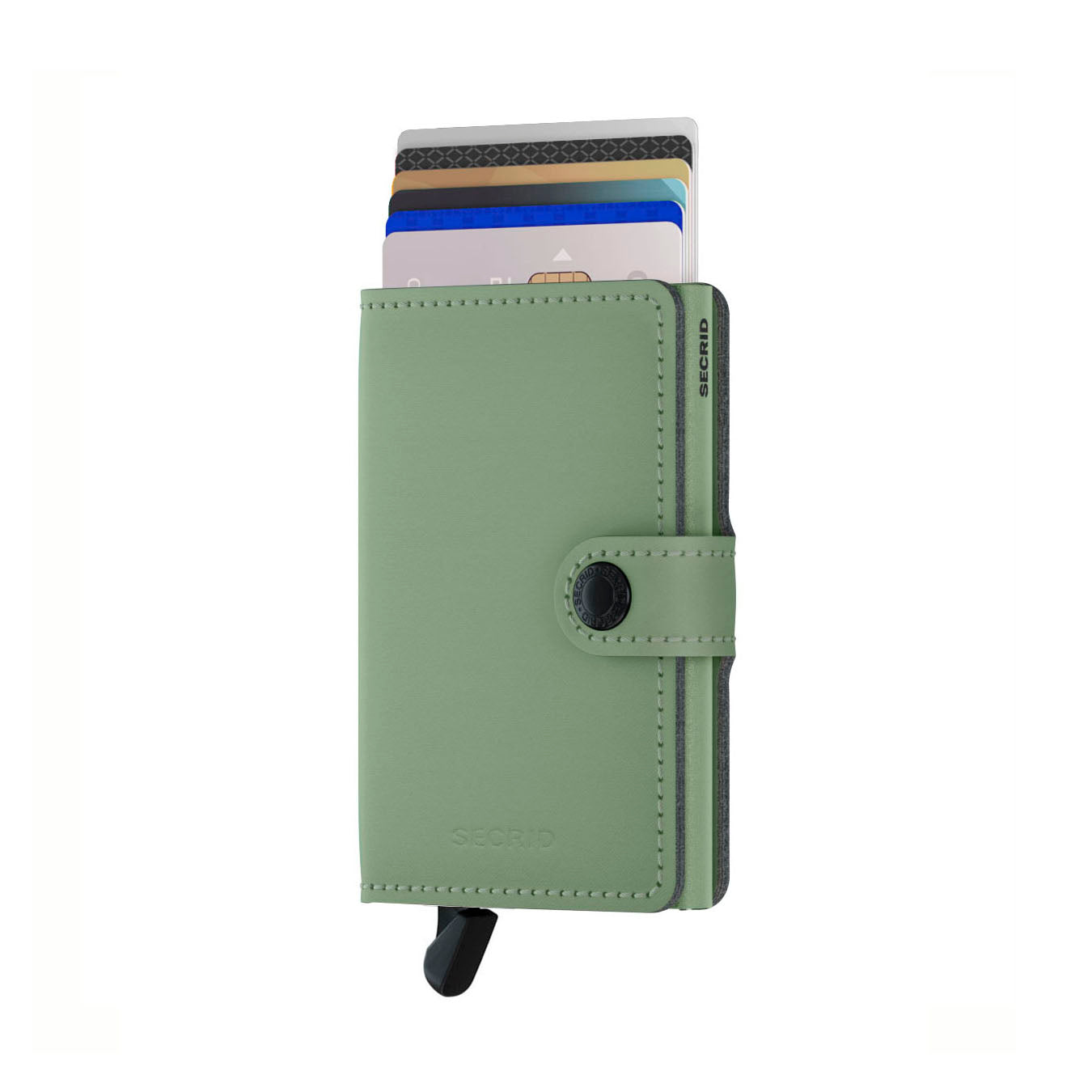 Secrid Miniwallet Yard Powder│Pasjeshouder│art. MYP-PISTACHIO│voorkant met uitgeschoven pasjes en clip
