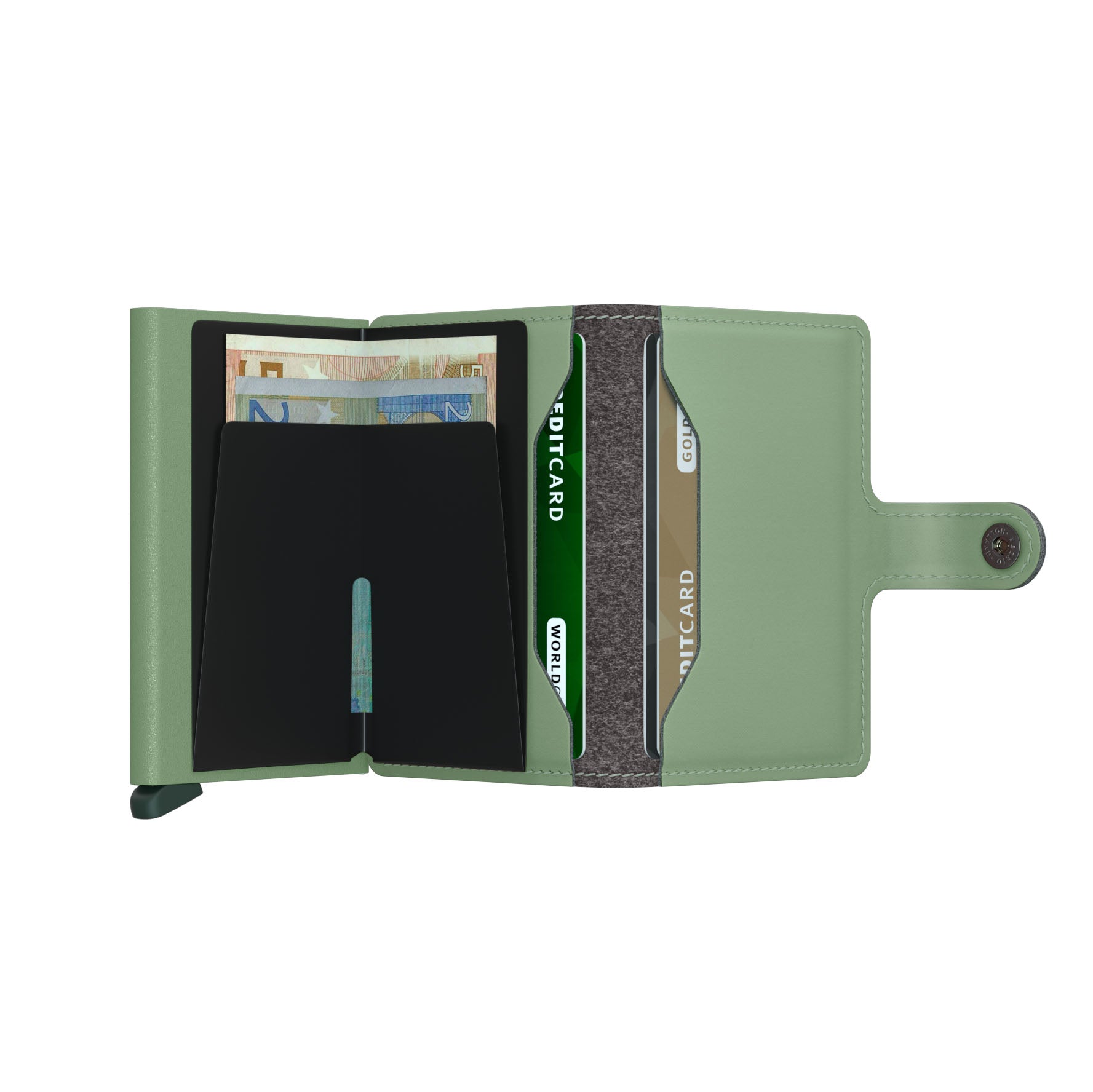 Secrid Miniwallet Yard Powder│Pasjeshouder│art. MYP-PISTACHIO│geopend met contant geld en betaalkaarten