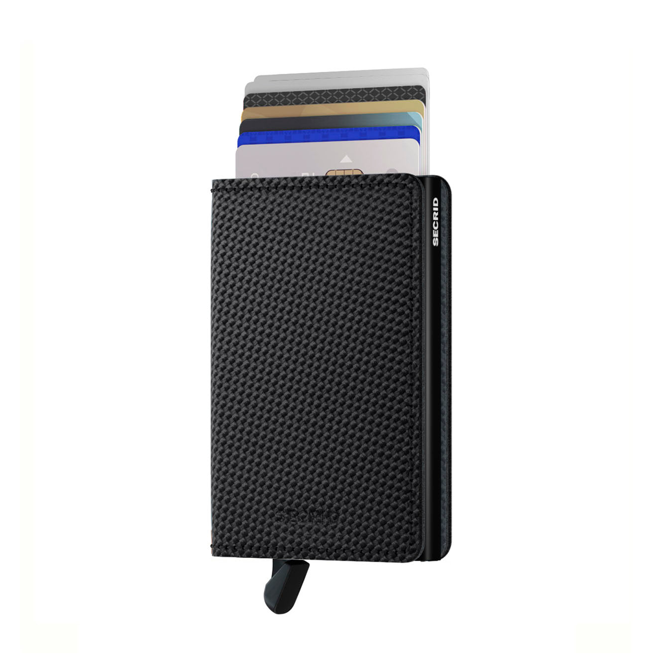 Secrid Slimwallet Carbon│art. SCA-BLACK│Pasjeshouder│voorkant met uitgeschoven pasjes en clip