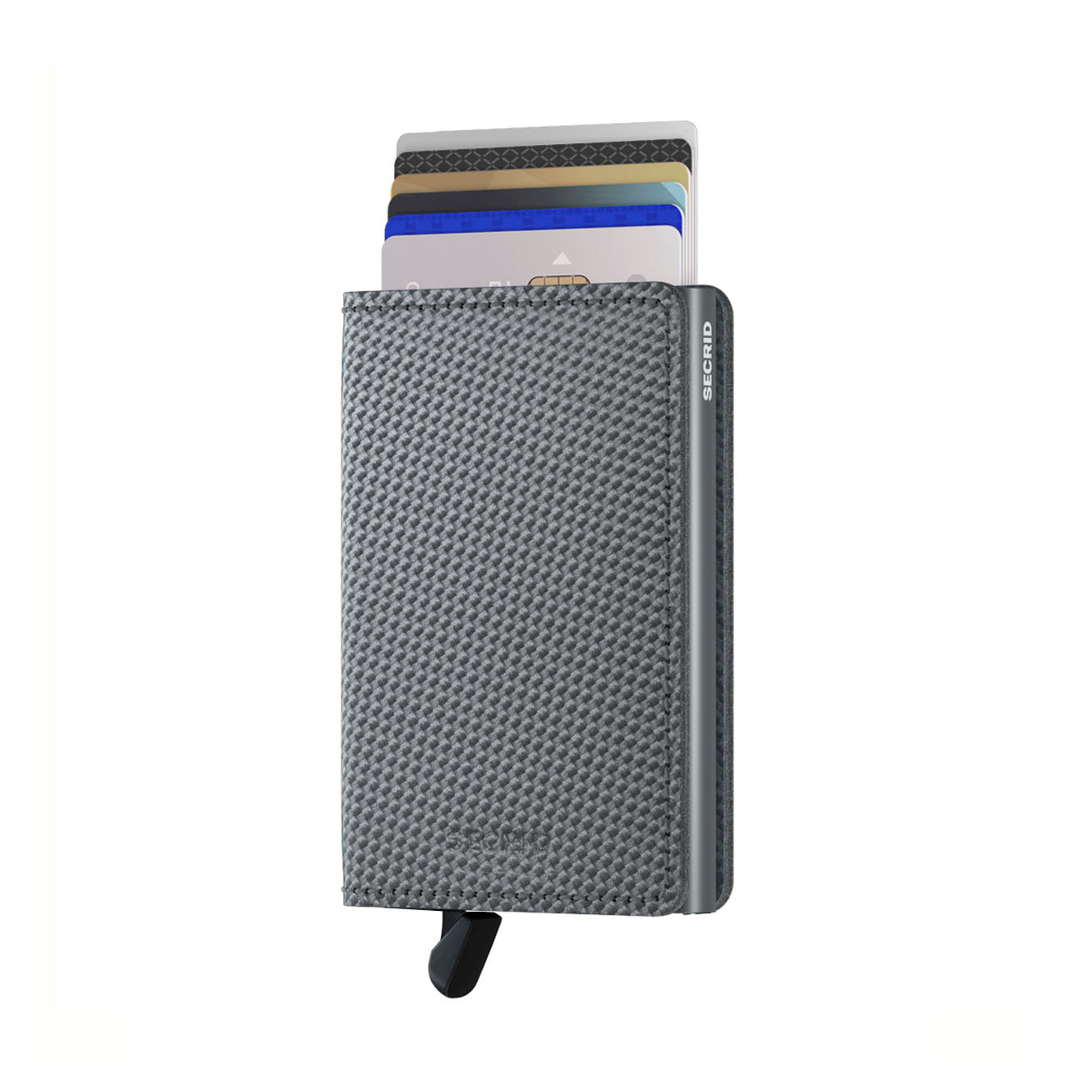 Secrid Slimwallet Carbon│art. SCA-COOLGREY│pasjeshouder│voorkant met uitgeschoven pasjes en clip