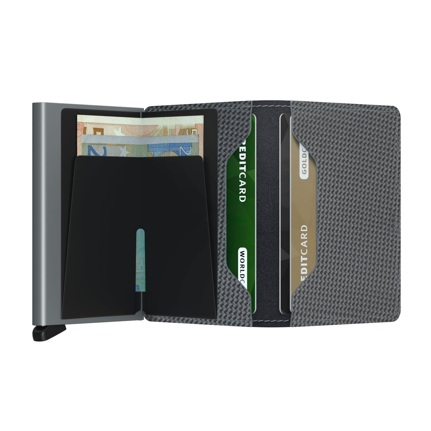 Secrid Slimwallet Carbon│art. SCA-COOLGREY│pasjeshouder│open met contant geld