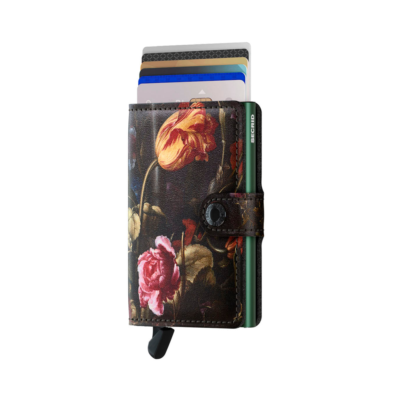 Secrid Miniwallet Art Collection Bloemstilleven│Pasjeshouder│art. MAR-FLOWERS│voorkant met uitgeschoven pasjes en clip