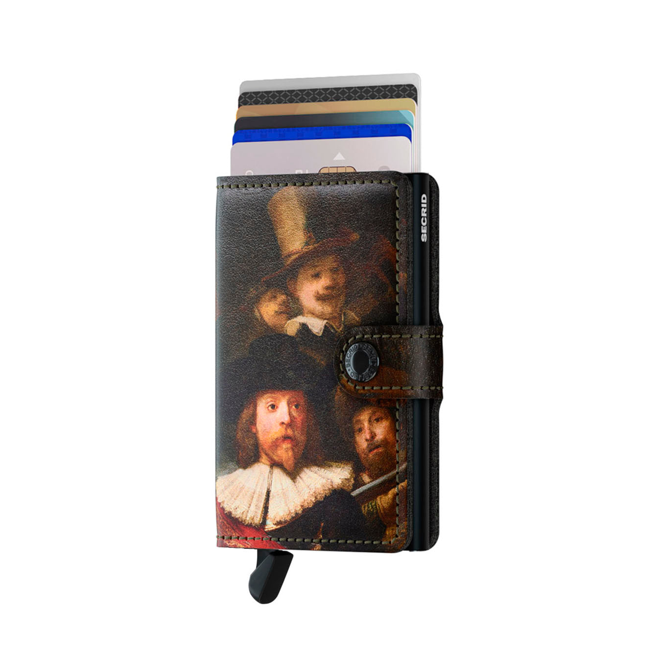 Secrid Miniwallet Art Collection Nachtwacht│Pasjeshouder │art. MAR-NIGHT WATCH│voorkant met uitgeschoven pasjes en clip