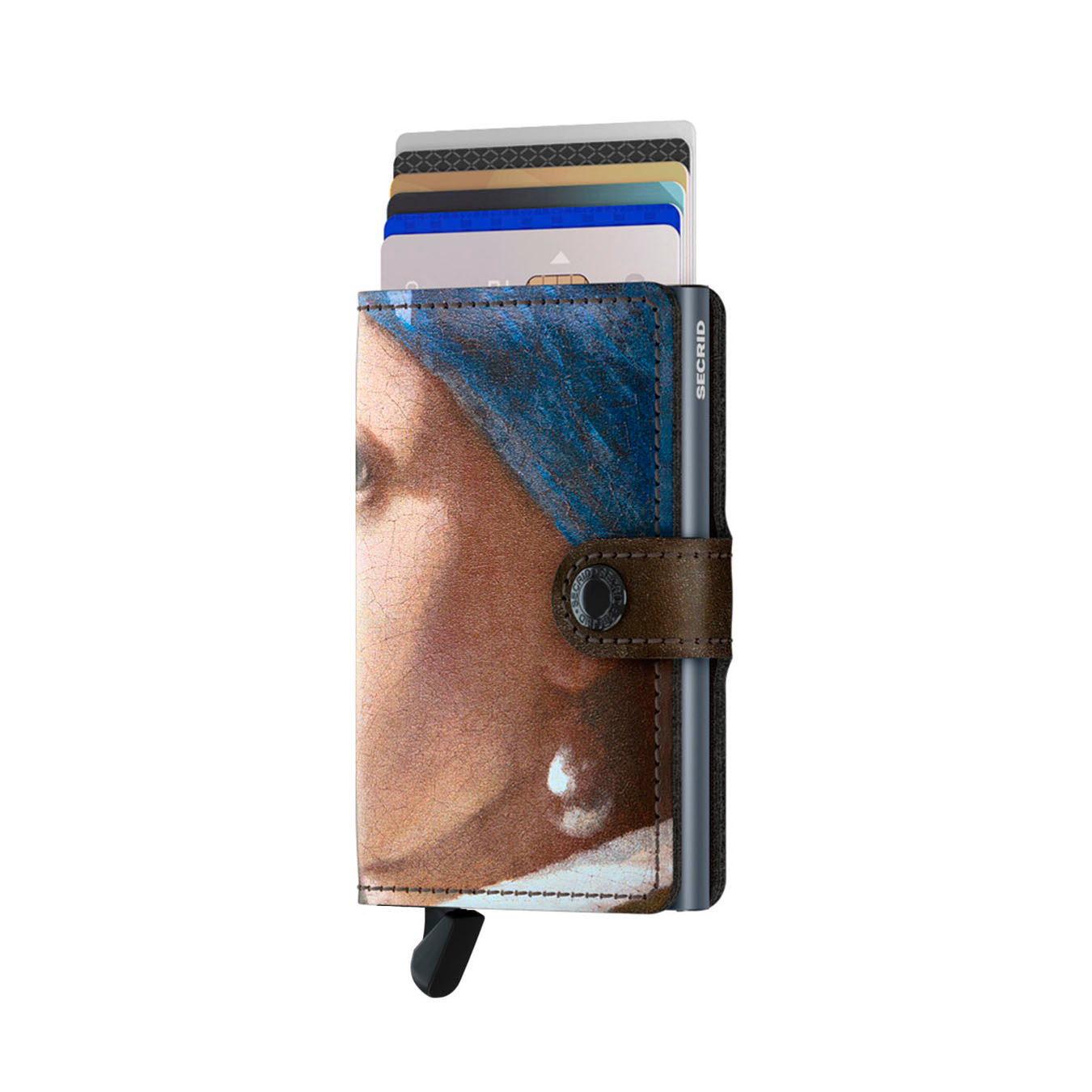 Secrid Miniwallet Art Collection Meisje met de parel│art. MAR-PEARL EARRING│Vermeer│voorkant met uitgeschoven pasjes en clip