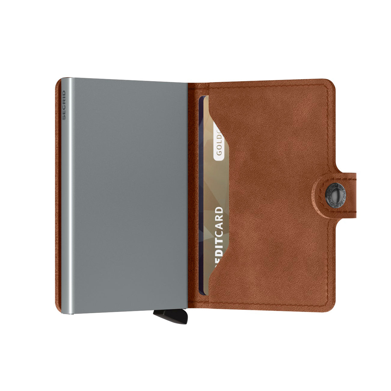 Secrid Miniwallet Vintage│art. MV-COGNAC&SILVER│Pasjeshouder en Portemonnee│half geopend