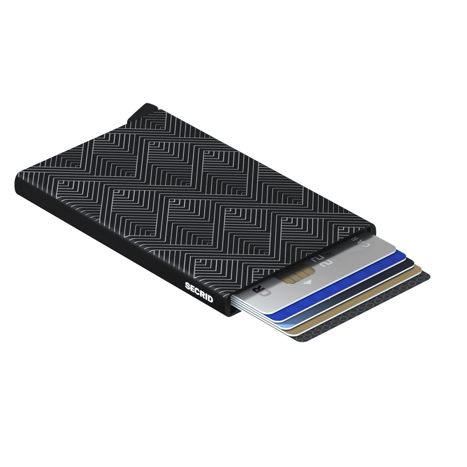 Secrid Cardprotector Laser│art. CLA-STRUCTURE BLACK│Pasjeshouder Aluminium│bovenaanzicht met uitgeschoven pasjes