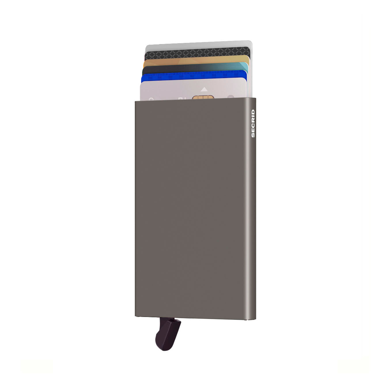 Secrid Cardprotector│art. C-EARTH GREY│Pasjeshouder│voorkant met uitgeschoven pasjes en clip