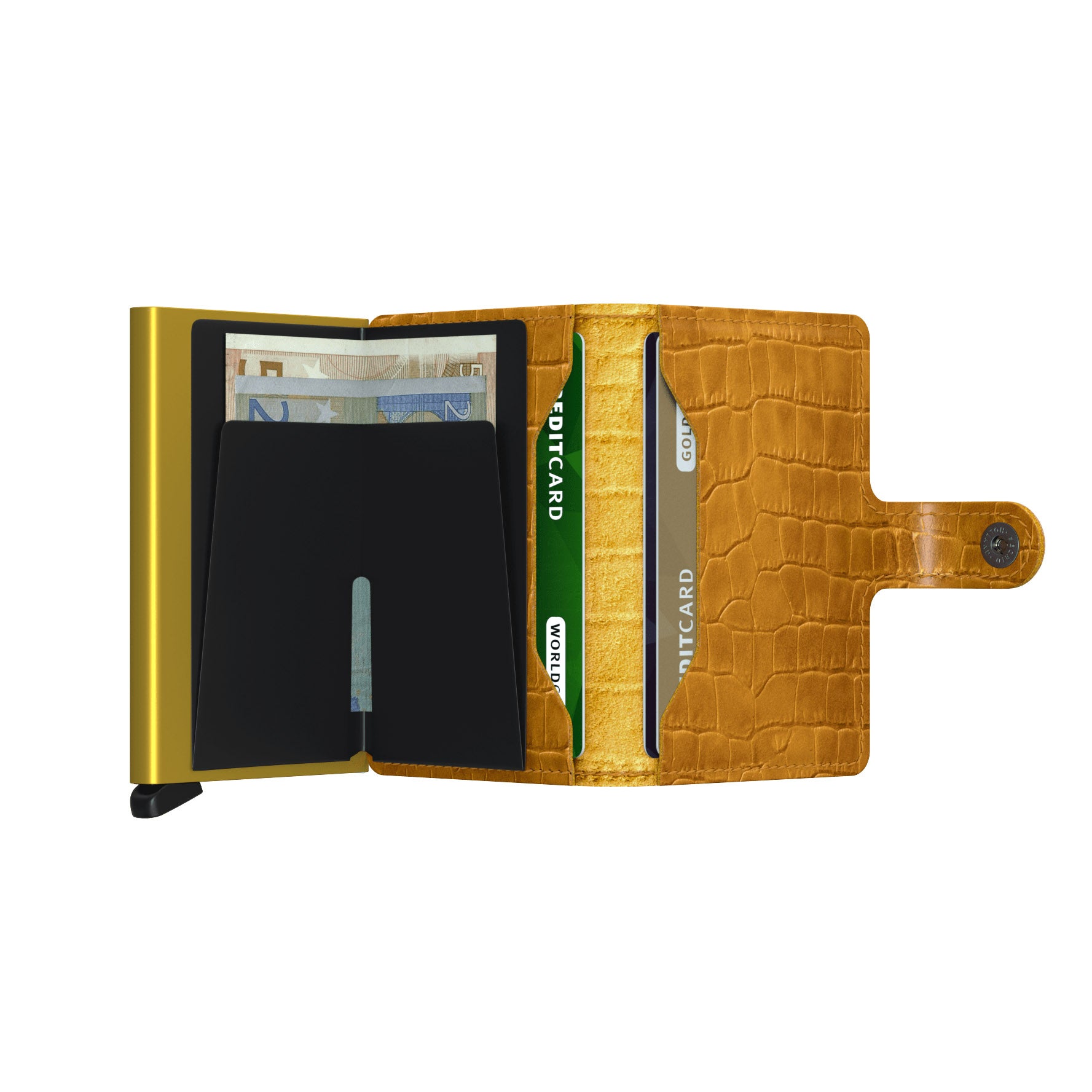 Secrid Miniwallet Cleo│art. MCL-OCHRE-BROWN│Pasjeshouder en Portemonnee│geopend met contant geld