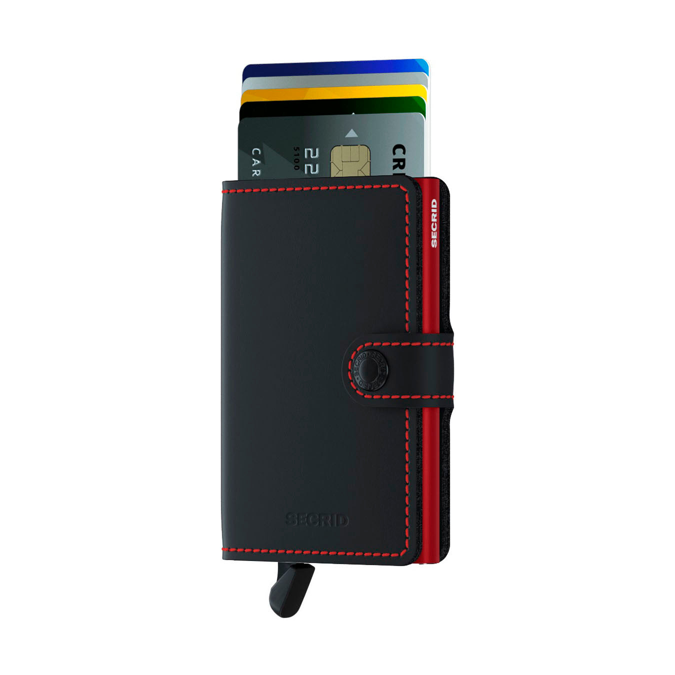 Secrid Miniwallet Matte│art. MM-BLACK&RED│Pasjeshouder en Portemonnee│voorkant met uitgeschoven kaarten en clip