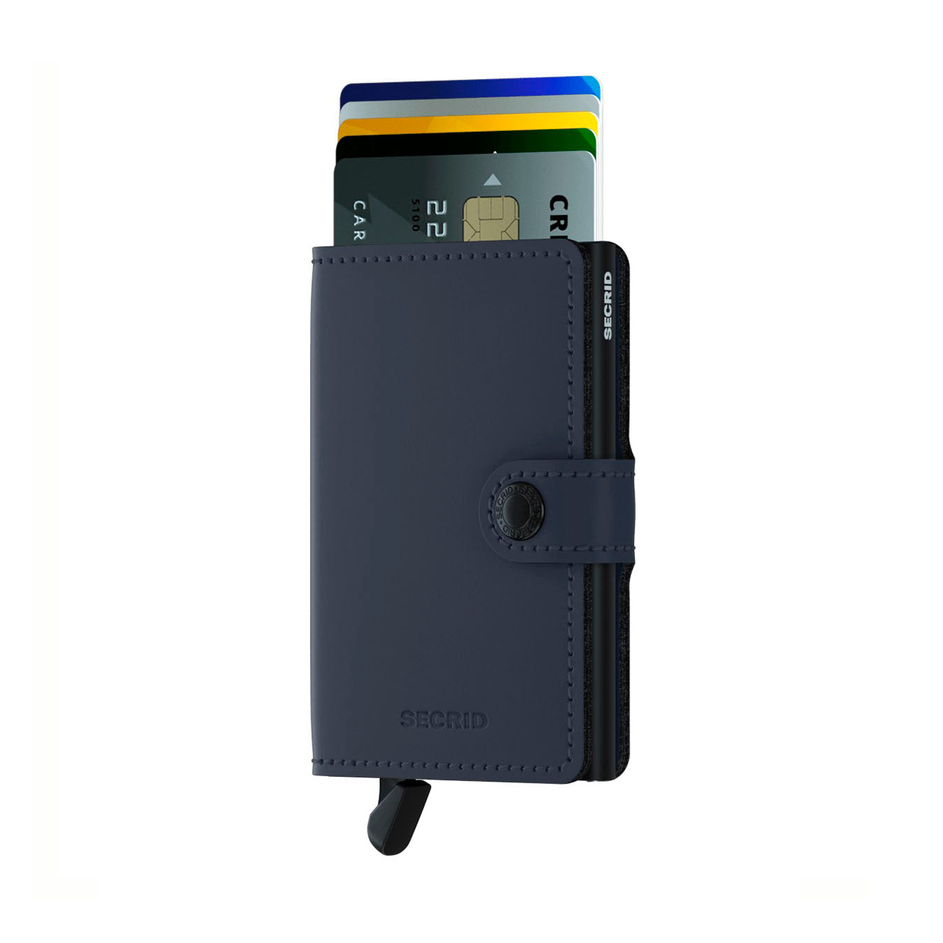 Secrid Miniwallet Matte│art. MM-NIGHTBLUE│Pasjeshouder en Portemonnee│vooraanzicht met uitgeschoven pasjes en clip