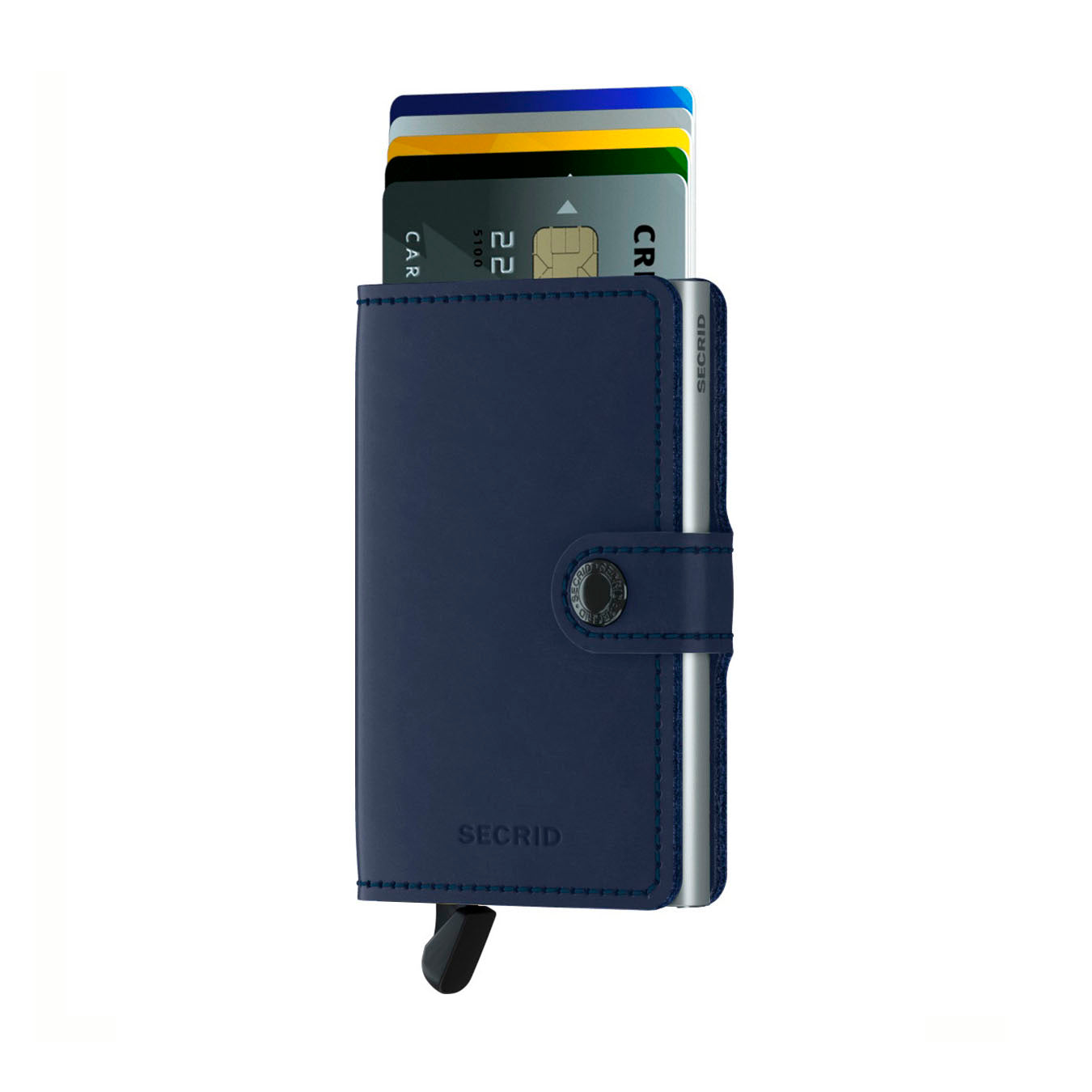 Secrid Miniwallet Original│art. M-NAVY││pasjeshouder│voorkant met uitgeschoven pasjes en clip