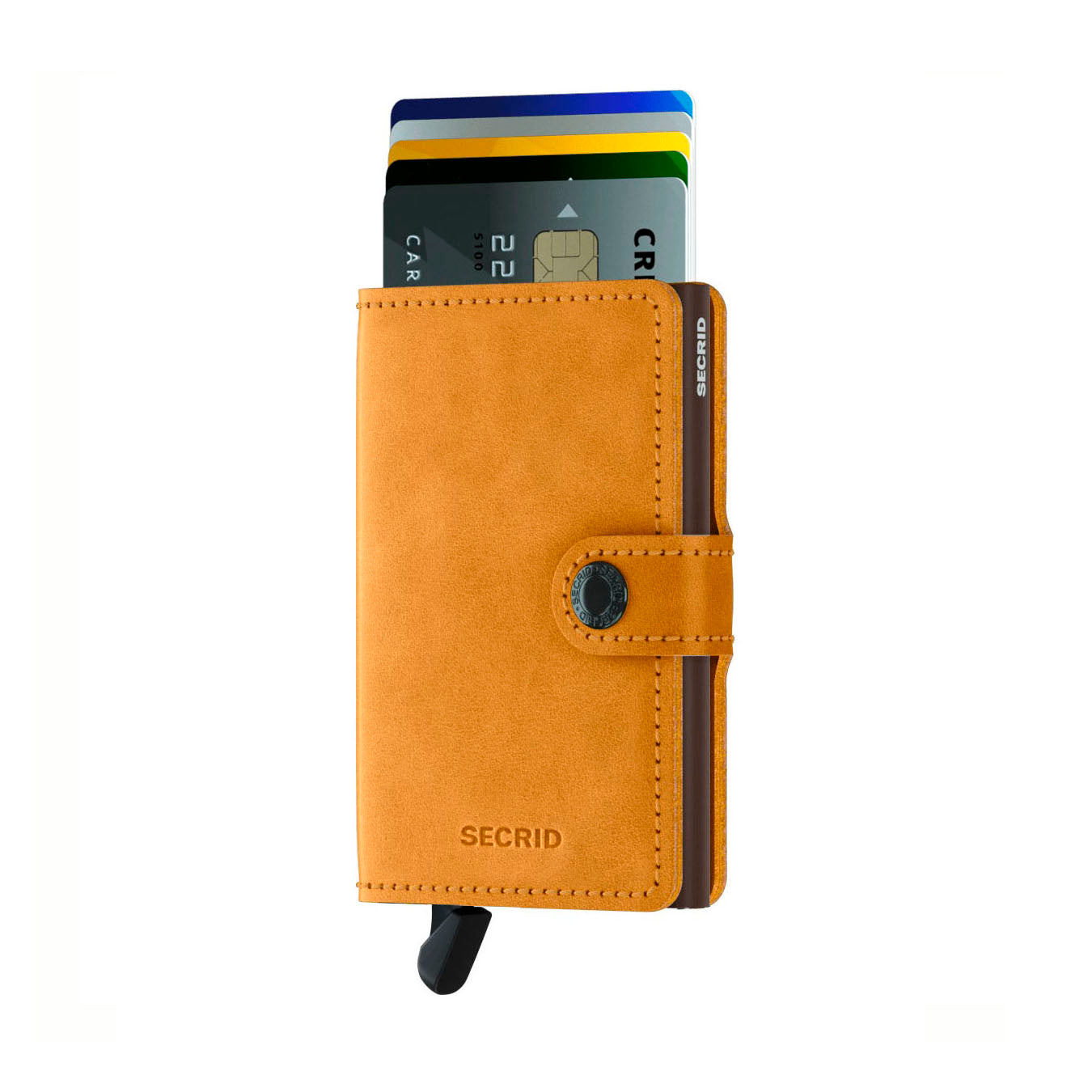 Secrid Miniwallet Vintage│Pasjeshouder│art. MV-OCHRE│voorkant met uitgeschoven pasjes en clip