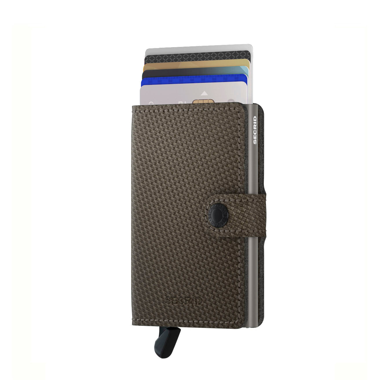 Secrid Miniwallet Carbon│art. MCA-KHAKI││Pasjeshouder│voorkant met uitgeschoven pasjes en clip