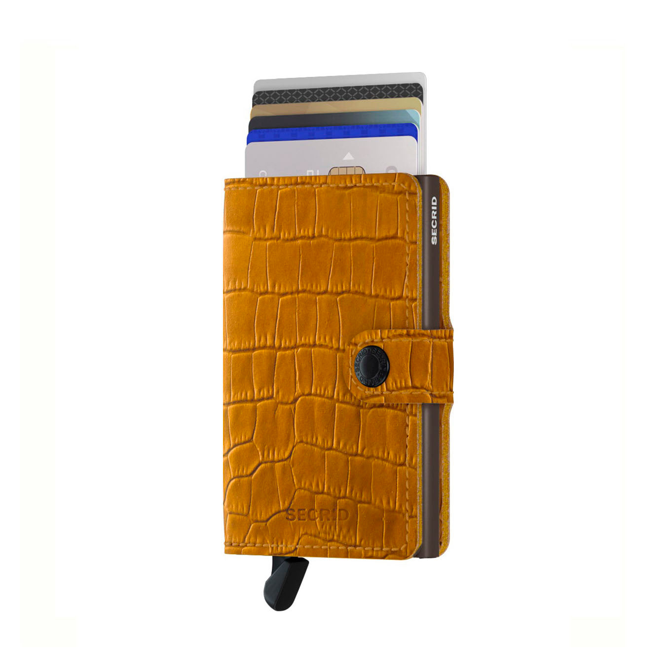 Secrid Miniwallet Cleo│art. MCL-OCHRE-BROWN│Pasjeshouder│voorkant met uitgeschoven pasjes