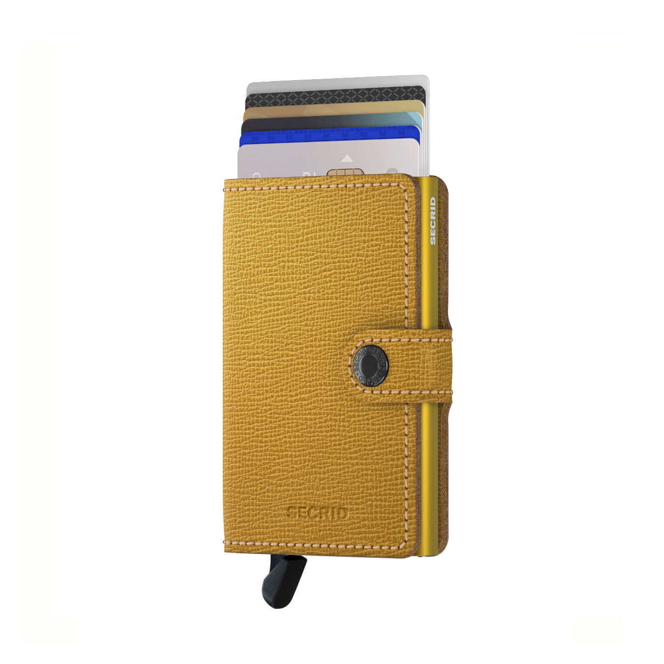 Secrid Miniwallet Crisple│Pasjeshouder│art. MC-OCHRE│voorkant met uitgeschoven pasjes en clip