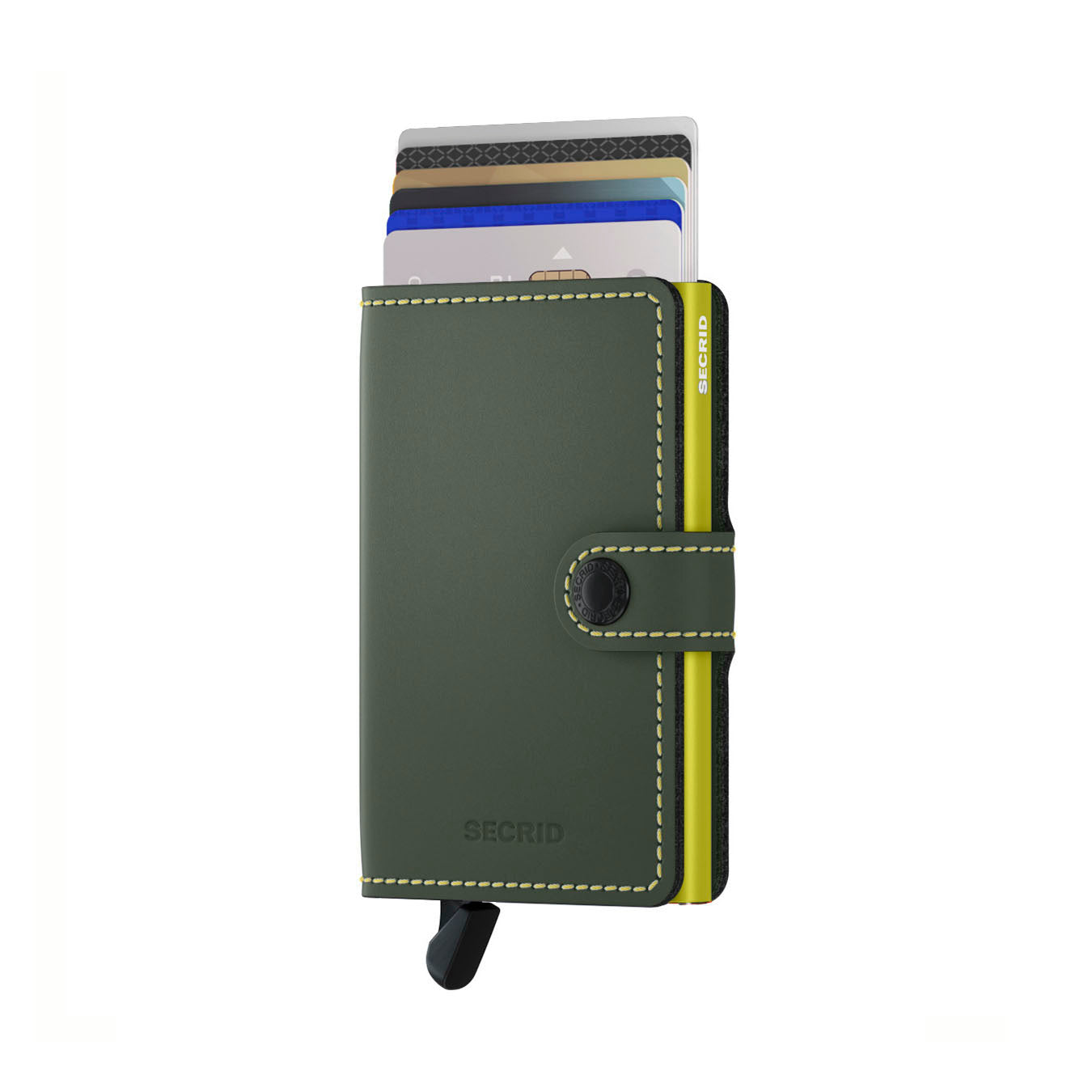Secrid Miniwallet Matte│art. MM-GREEN&LIME│Pasjeshouder en Portemonnee│voorkant met uitgeschoven pasjes en clip