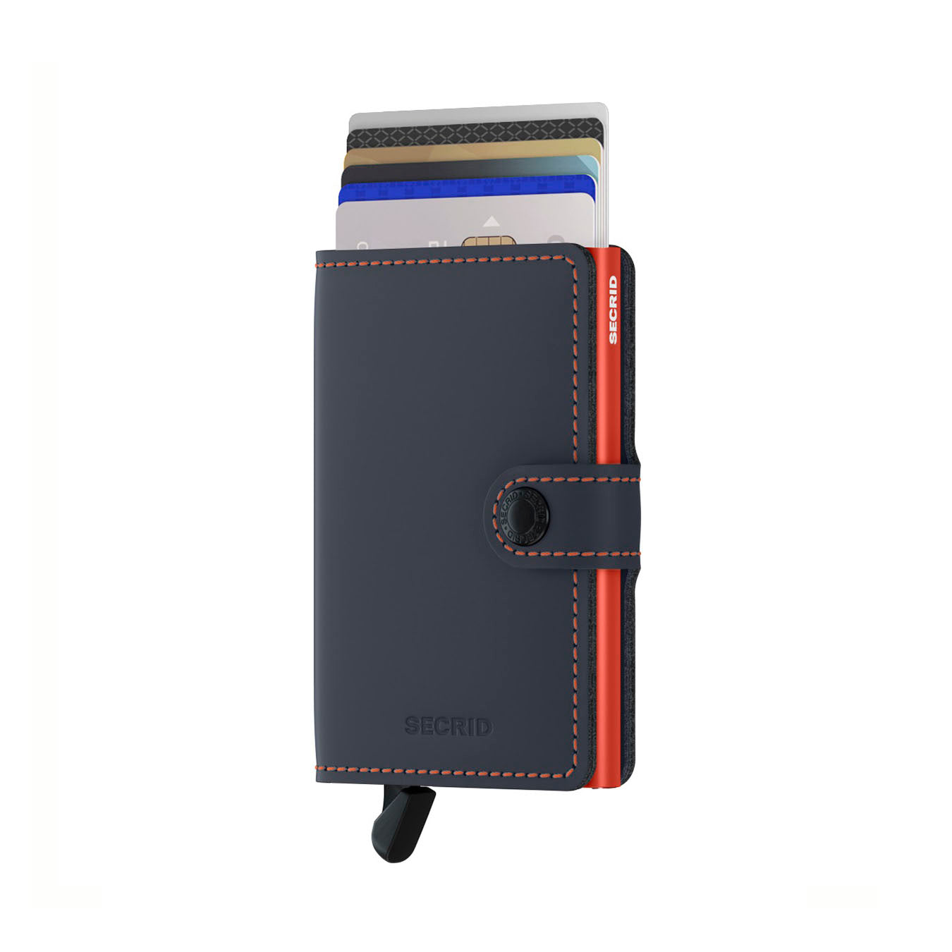 Secrid Miniwallet Matte│Pasjeshouder en Portemonnee│art. MM-NIGHTBLUE&ORANGE│vooraanzicht met uitgeschoven pasjes en clip