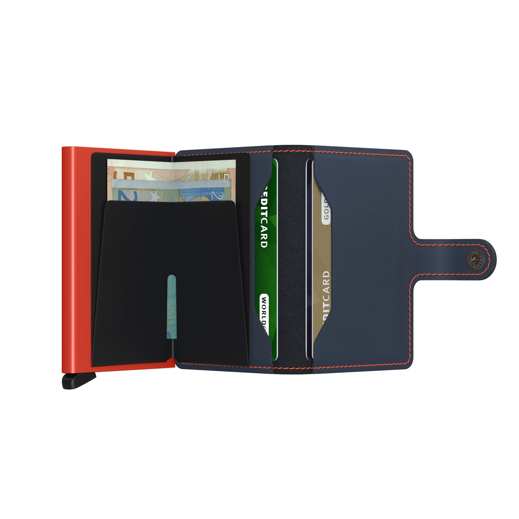 Secrid Miniwallet Matte│Pasjeshouder en Portemonnee│art. MM-NIGHTBLUE&ORANGE│geopend met contant geld