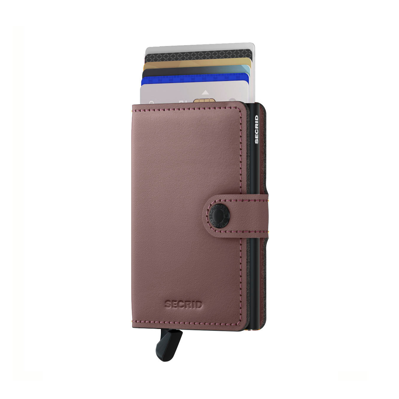 Secrid Miniwallet Matte│Pasjeshouder│art. MM-ROSE│vooraanzicht met uitgeschoven pasjes en clip