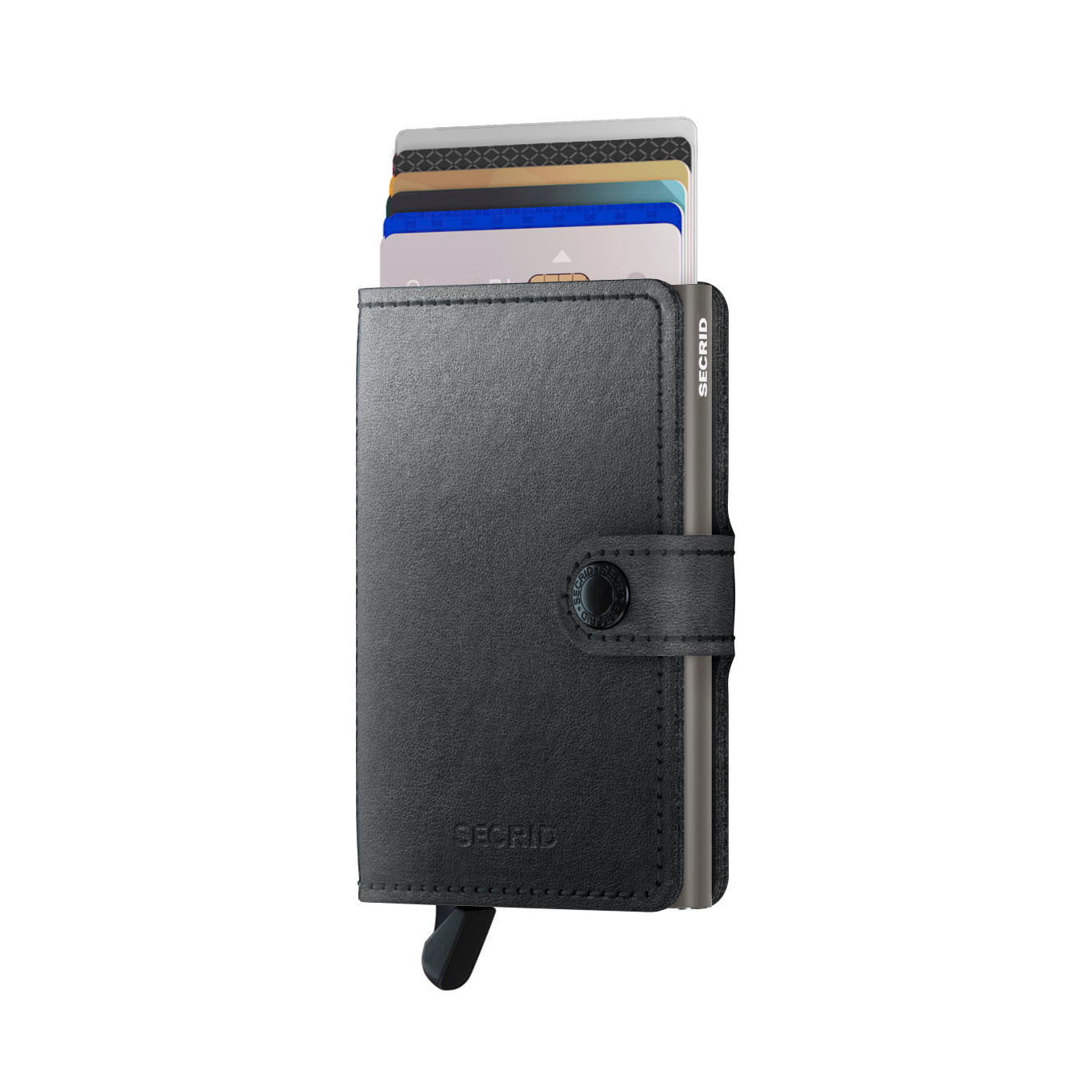 Secrid Miniwallet Mirum Zwart Plant-based│Pasjeshouder│art. MMi-BLACK│voorkant met uitgeschoven pasjes en clip
